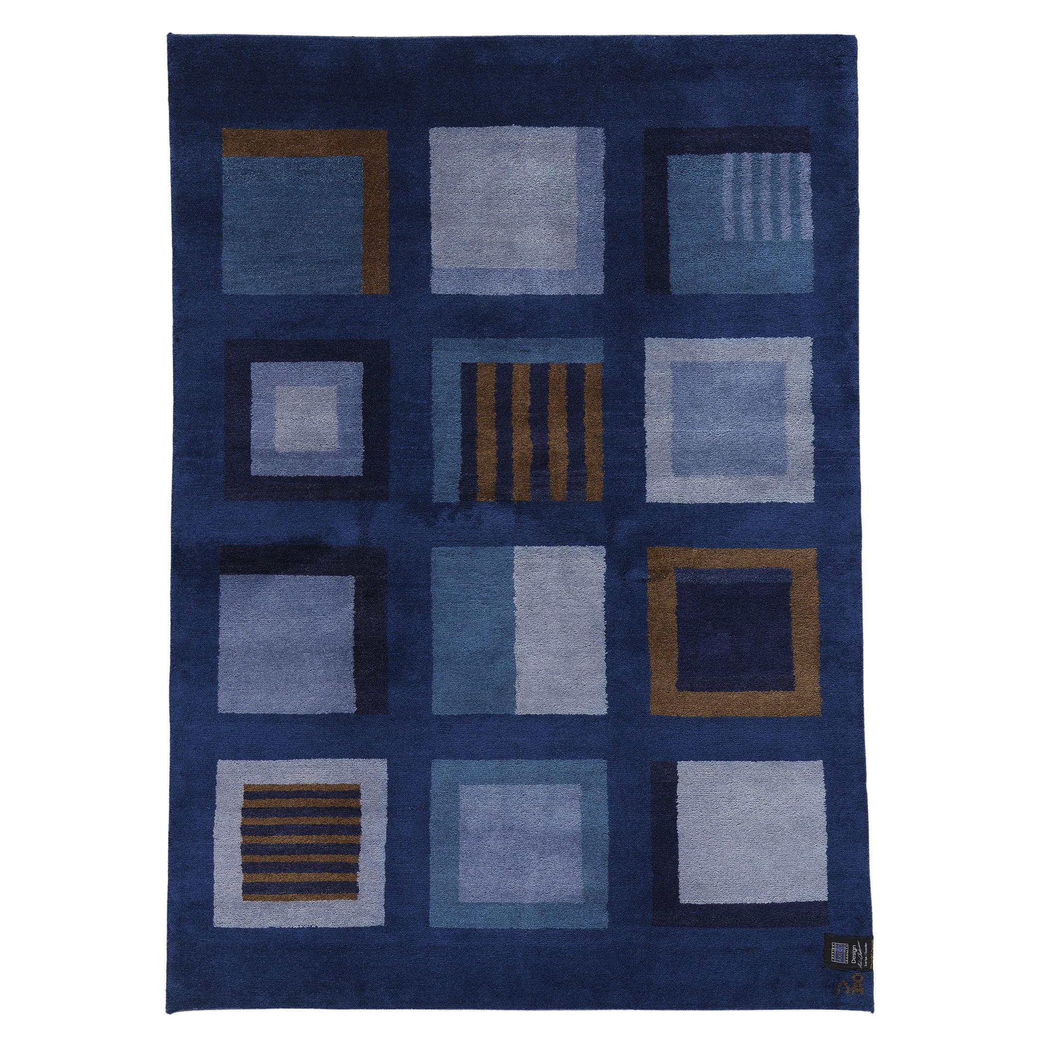 Signed Vintage Blue Swedish Pile Rug, Scandinavian Modern Meets Bold Cubism For Sale