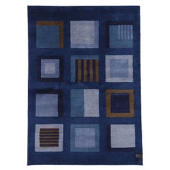 Signed Vintage Blue Swedish Pile Rug, Scandinavian Modern Meets Bold Cubism