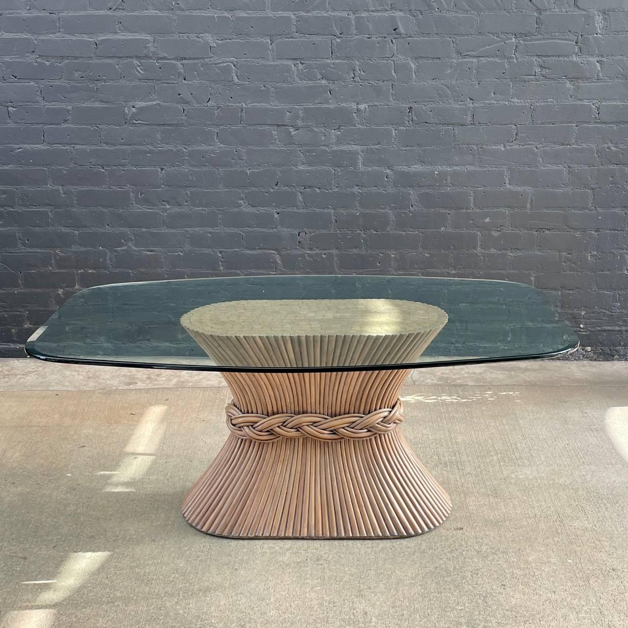 Signed Vintage Boho Rattan Sheaf of Wheat Dining Table with Glass Top by McGuire

Designer: McGuire
Country: United States
Manufacturer: McGuire
Materials: Rattan, Glass
Style: Boho Hollywood Regency 
Year: