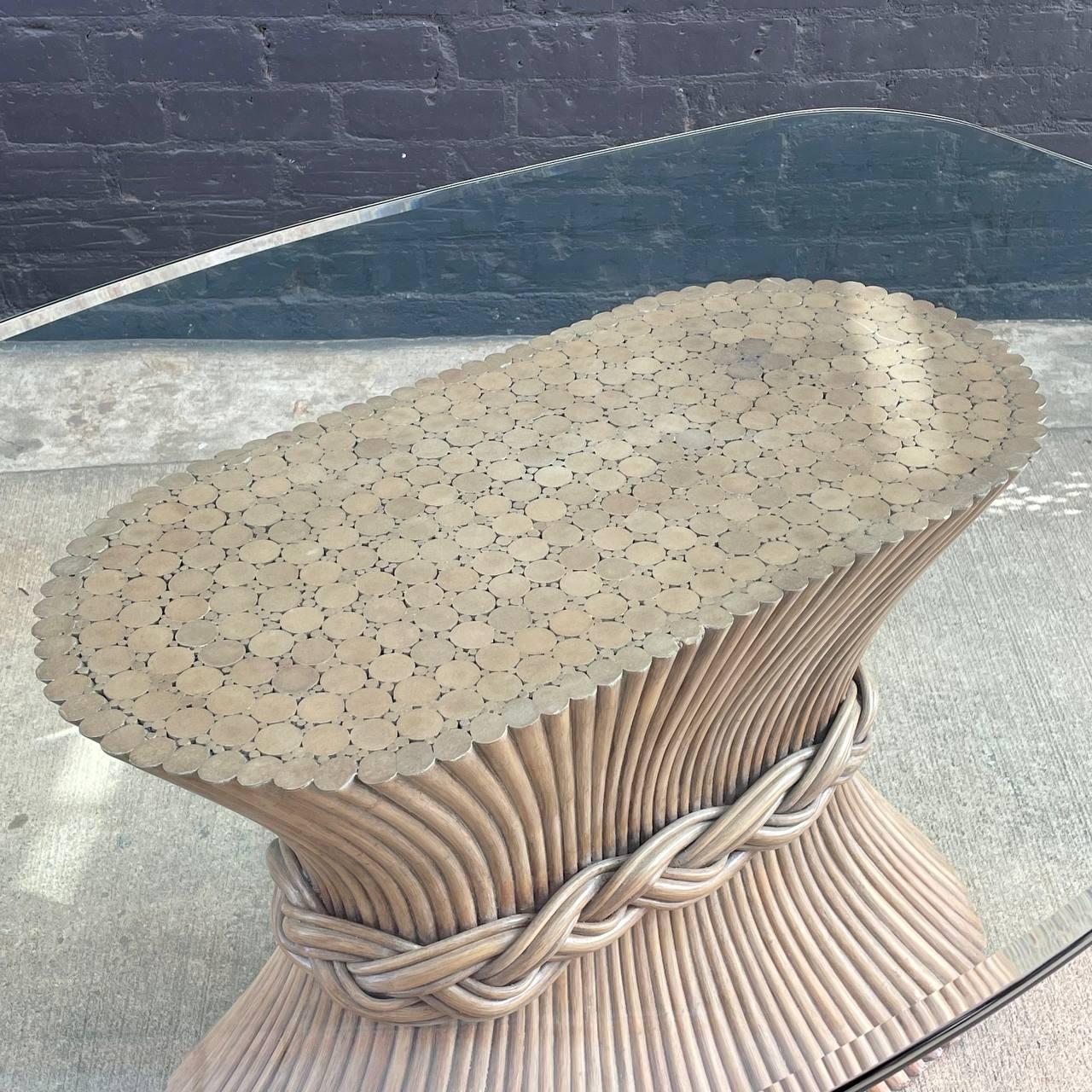 Signed Vintage Boho Rattan Sheaf of Wheat Dining Table with Glass Top by McGuire In Excellent Condition For Sale In Los Angeles, CA