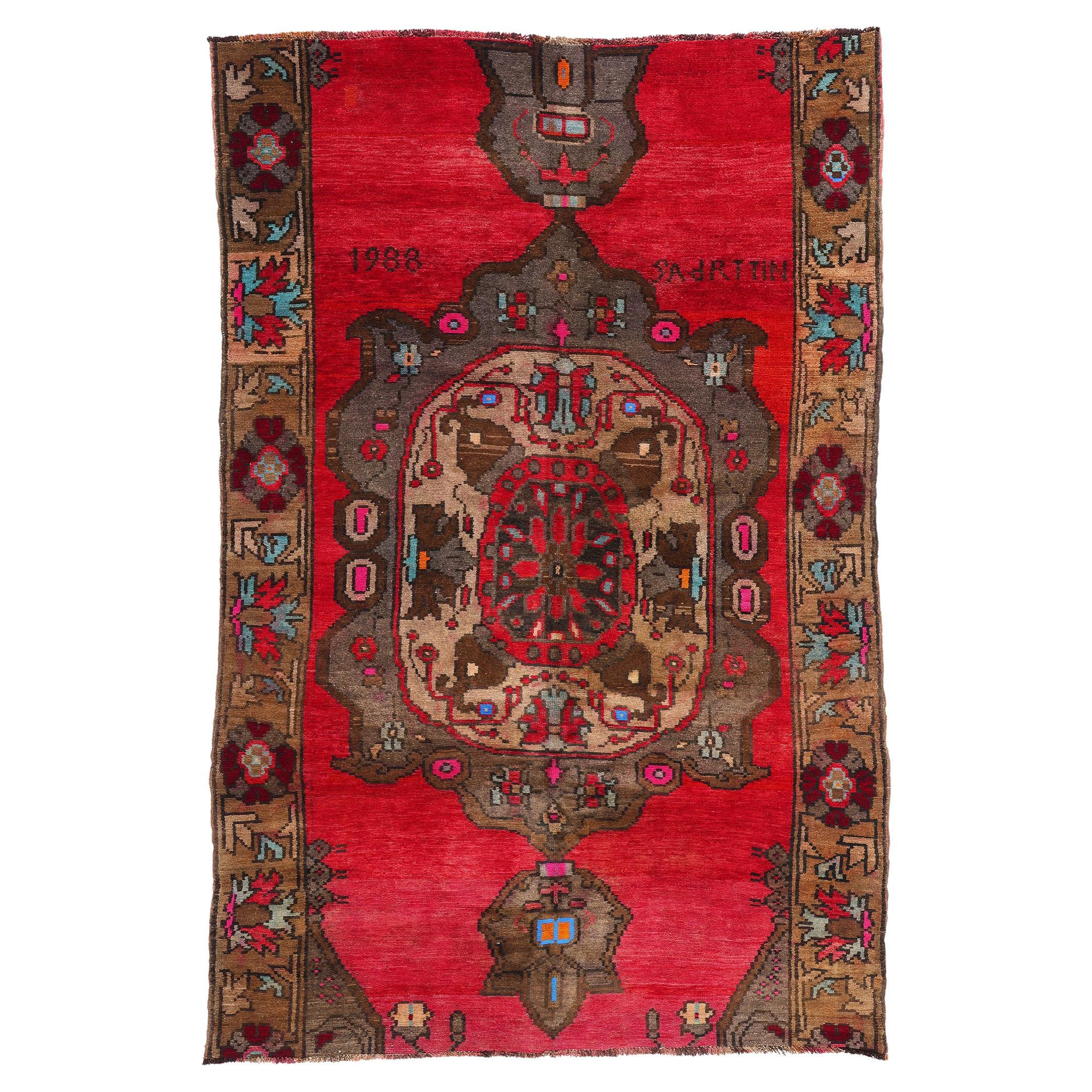 Signed Vintage Brown and Red Turkish Kars Oushak Carpet