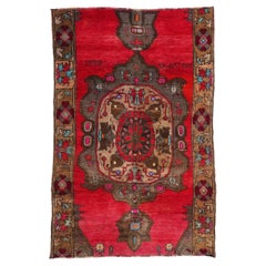 Signed Vintage Brown and Red Turkish Kars Oushak Carpet