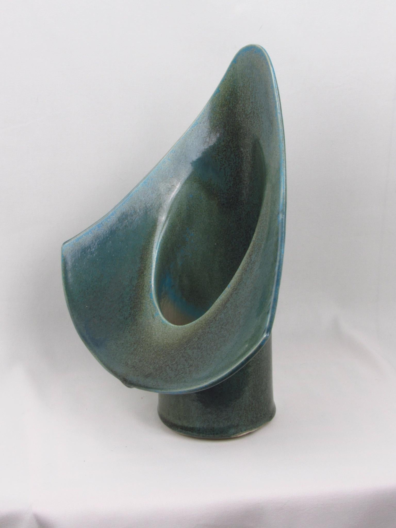Glazed Signed winged ceramic vessel, brutalist and mid-century modern For Sale