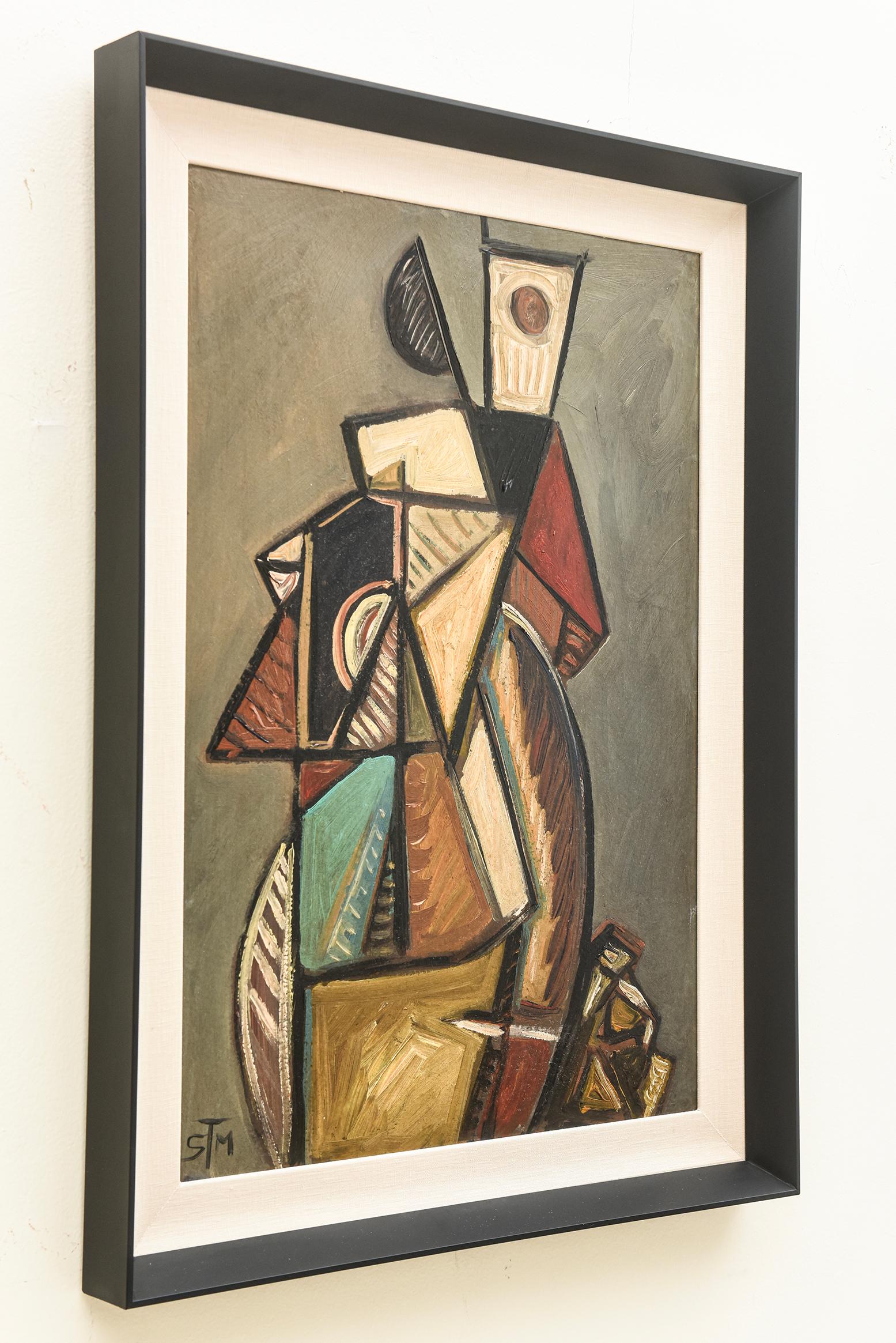 This cubist style vintage acrylic painting is abstract forms in beautiful tones. It is from Belgium and from the 60;s. It was just newly custom framed 2 weeks ago in a sleek black wood framed with an off white linen liner. This just enhanced the