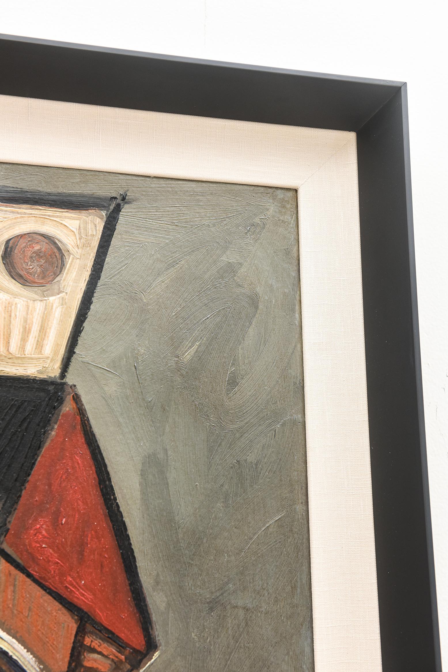 Linen Signed Vintage Cubist Style Acrylic Painting Belgium Custom Framed