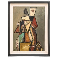 Pittura acrilica vintage in stile cubista firmata Belgio con cornice personalizzata