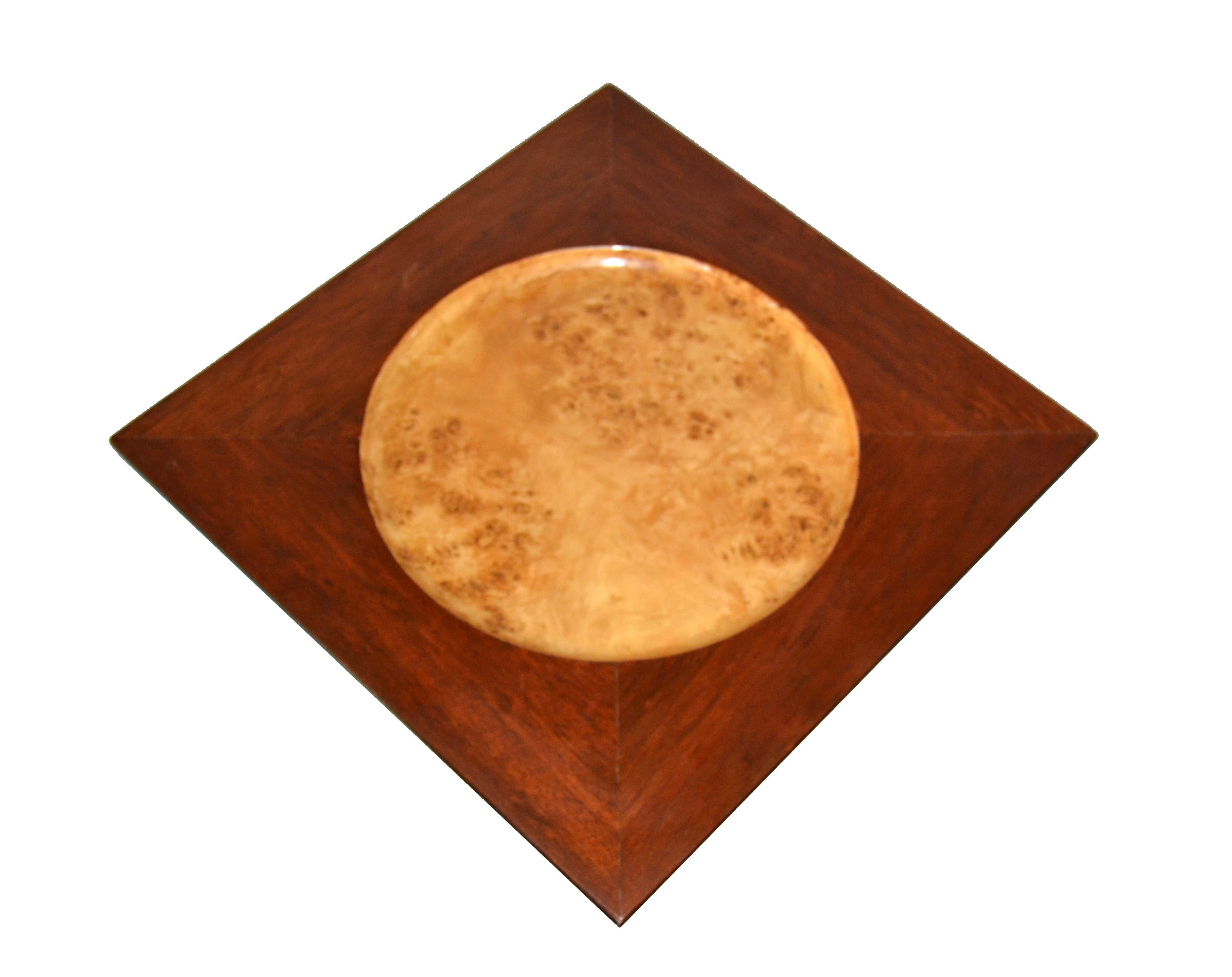 Mid-Century Modern Signed Vintage Decorative Burl Wood over Mahogany Plate Centerpiece  For Sale