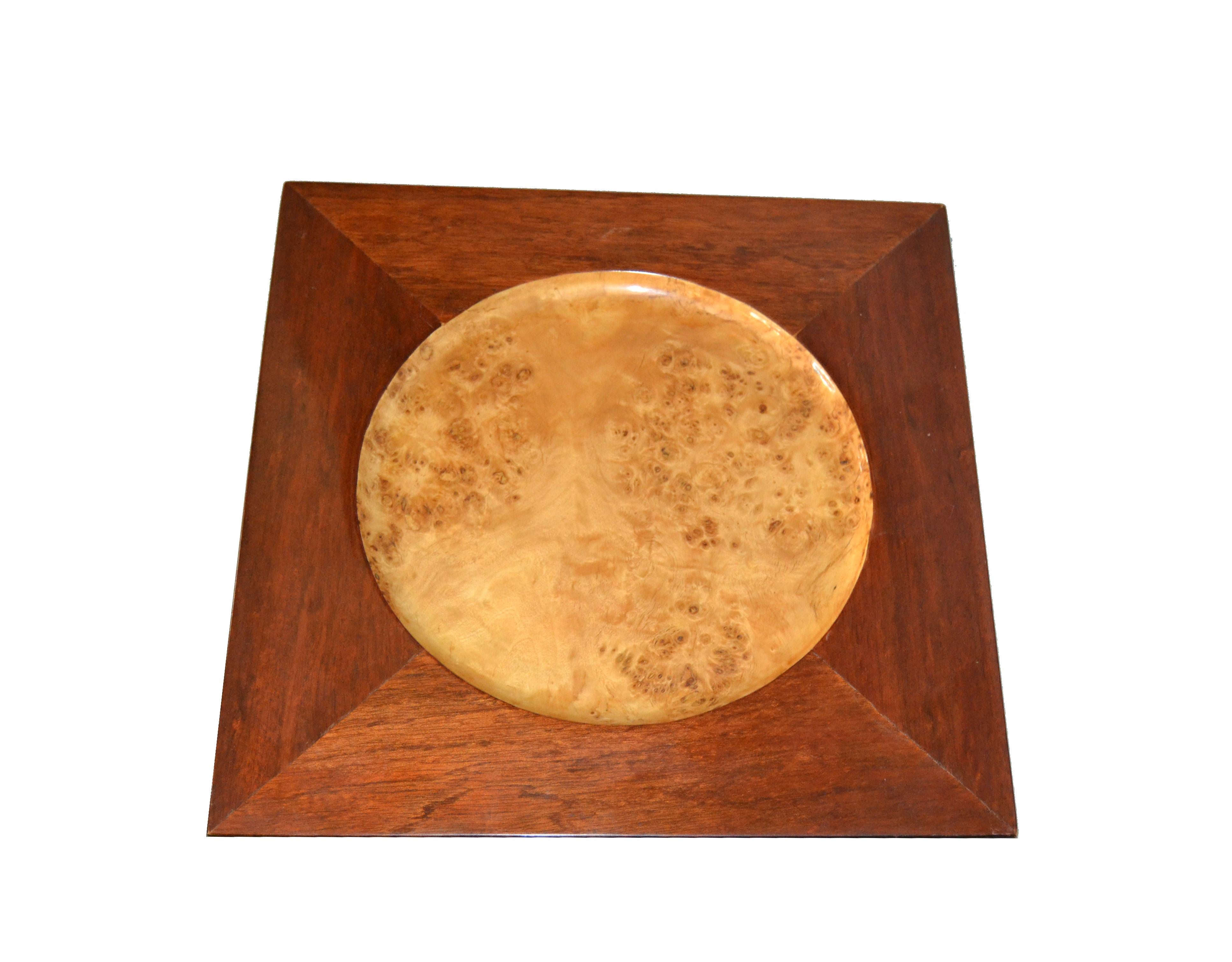 American Signed Vintage Decorative Burl Wood over Mahogany Plate Centerpiece  For Sale