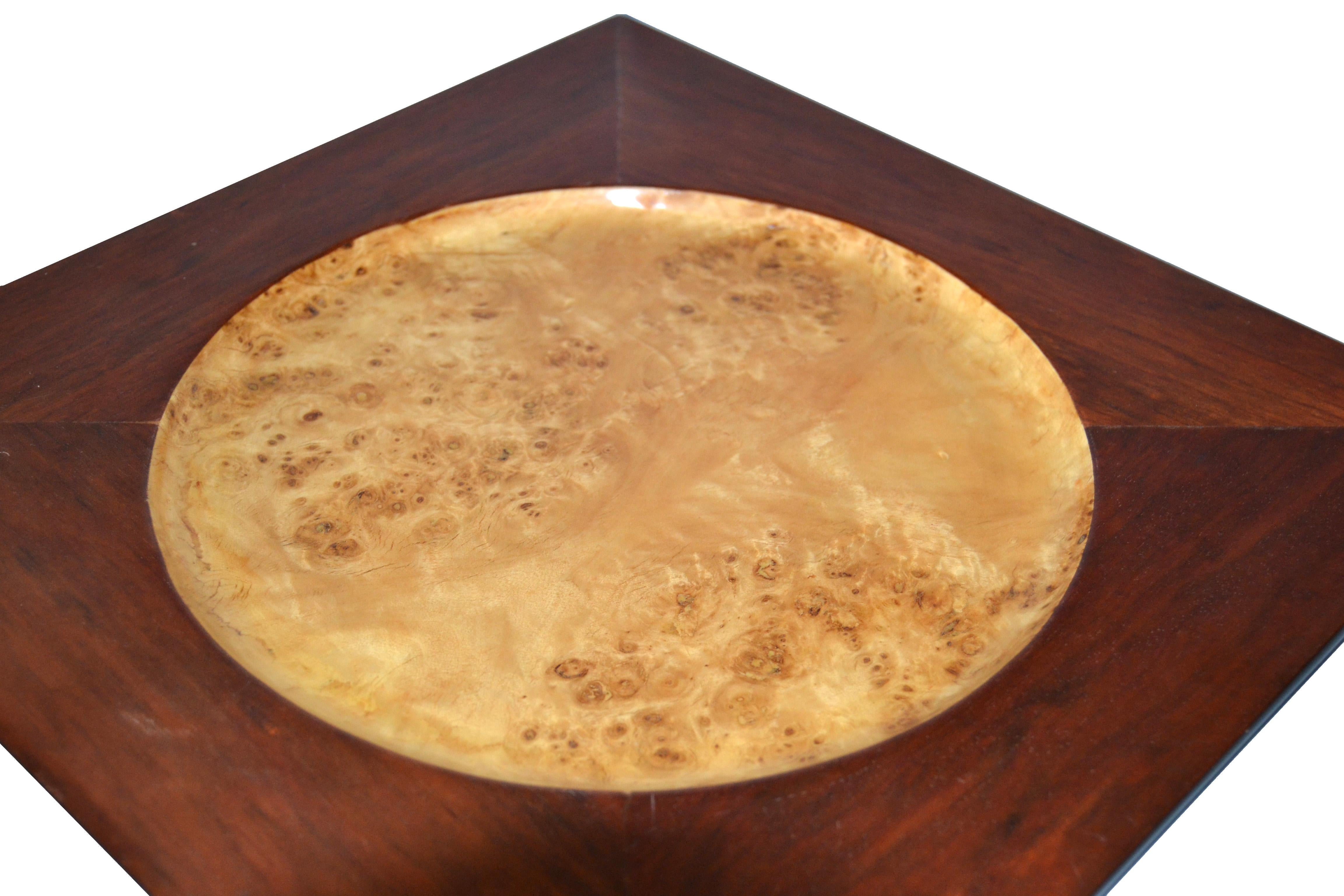 Signed Vintage Decorative Burl Wood over Mahogany Plate Centerpiece  In Good Condition For Sale In Miami, FL