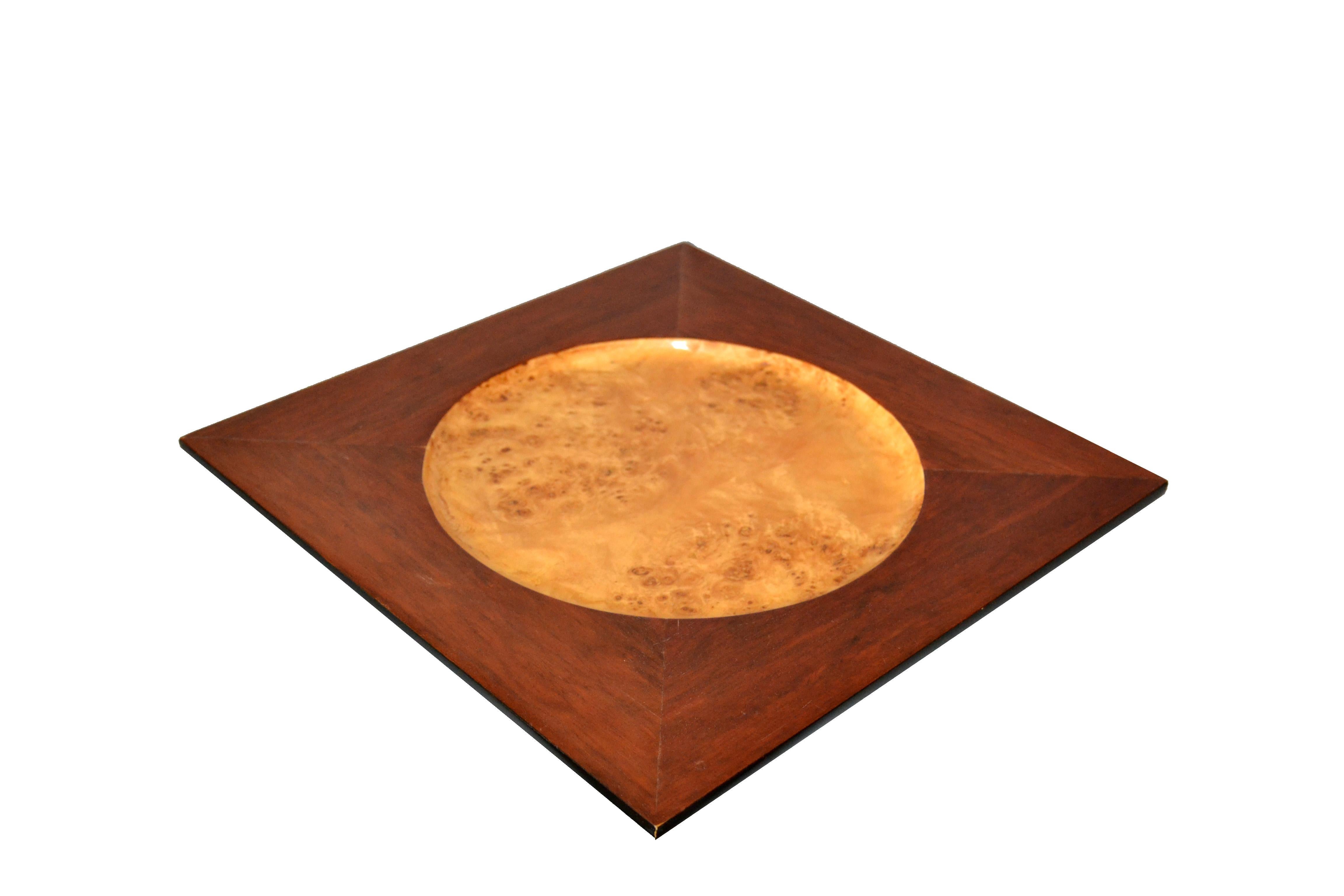 Signed Vintage Decorative Burl Wood over Mahogany Plate Centerpiece  For Sale 1