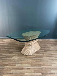 Signed Vintage Farmhouse Rattan Sheaf of Wheat Dining Table with Glass Top