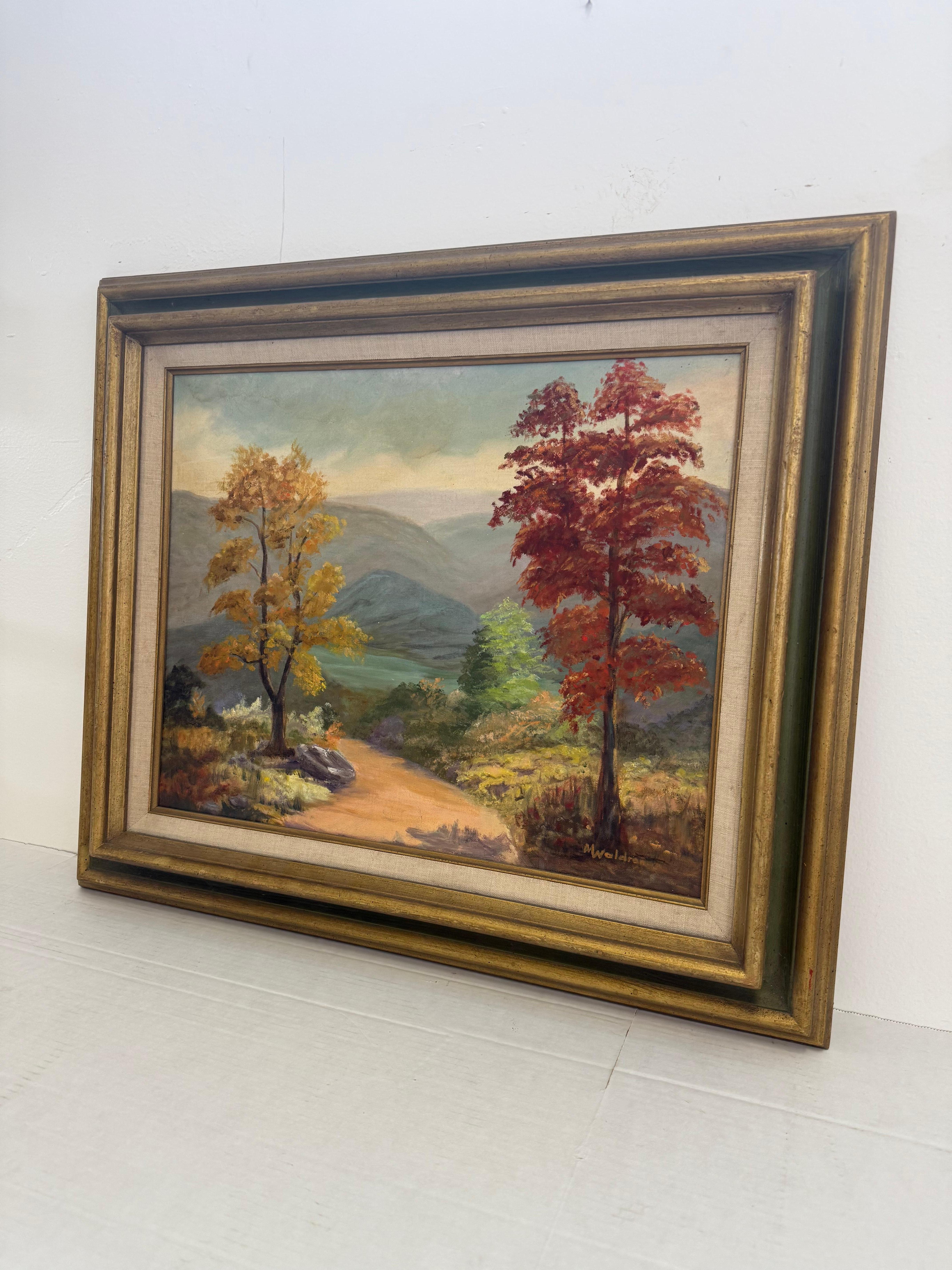 Signierte Vintage gerahmt Landschaft Ölgemälde mit Bäumen, Berg im Angebot 1