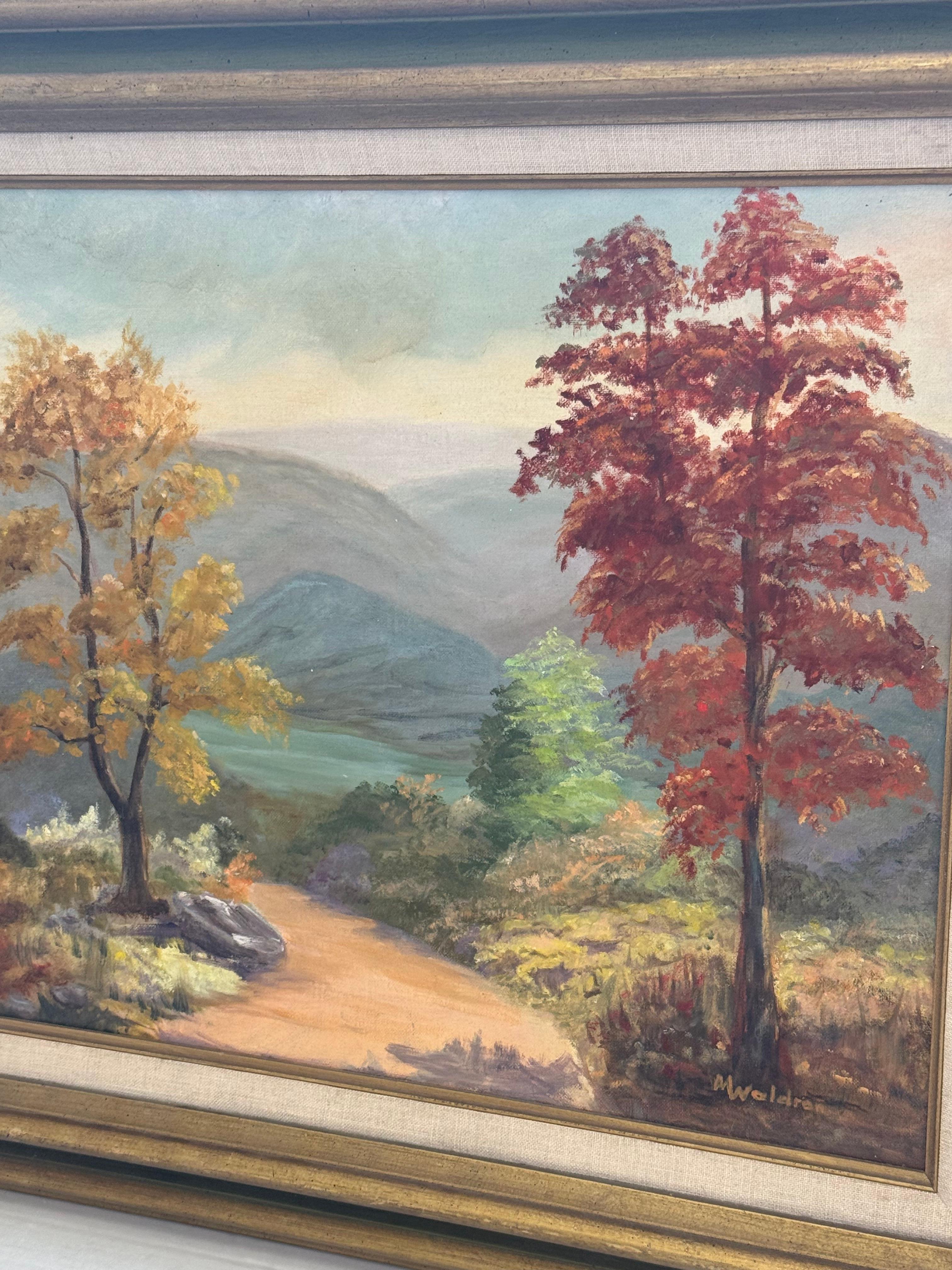 Signierte Vintage gerahmt Landschaft Ölgemälde mit Bäumen, Berg im Angebot 2