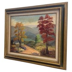 Signed Vintage Framed Scenic Landscape Oil Painting featuring Trees, Mountain