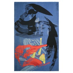 Signed Vintage Gérard Schneider Abstract Tapestry in Blue  Rug & Kilim
