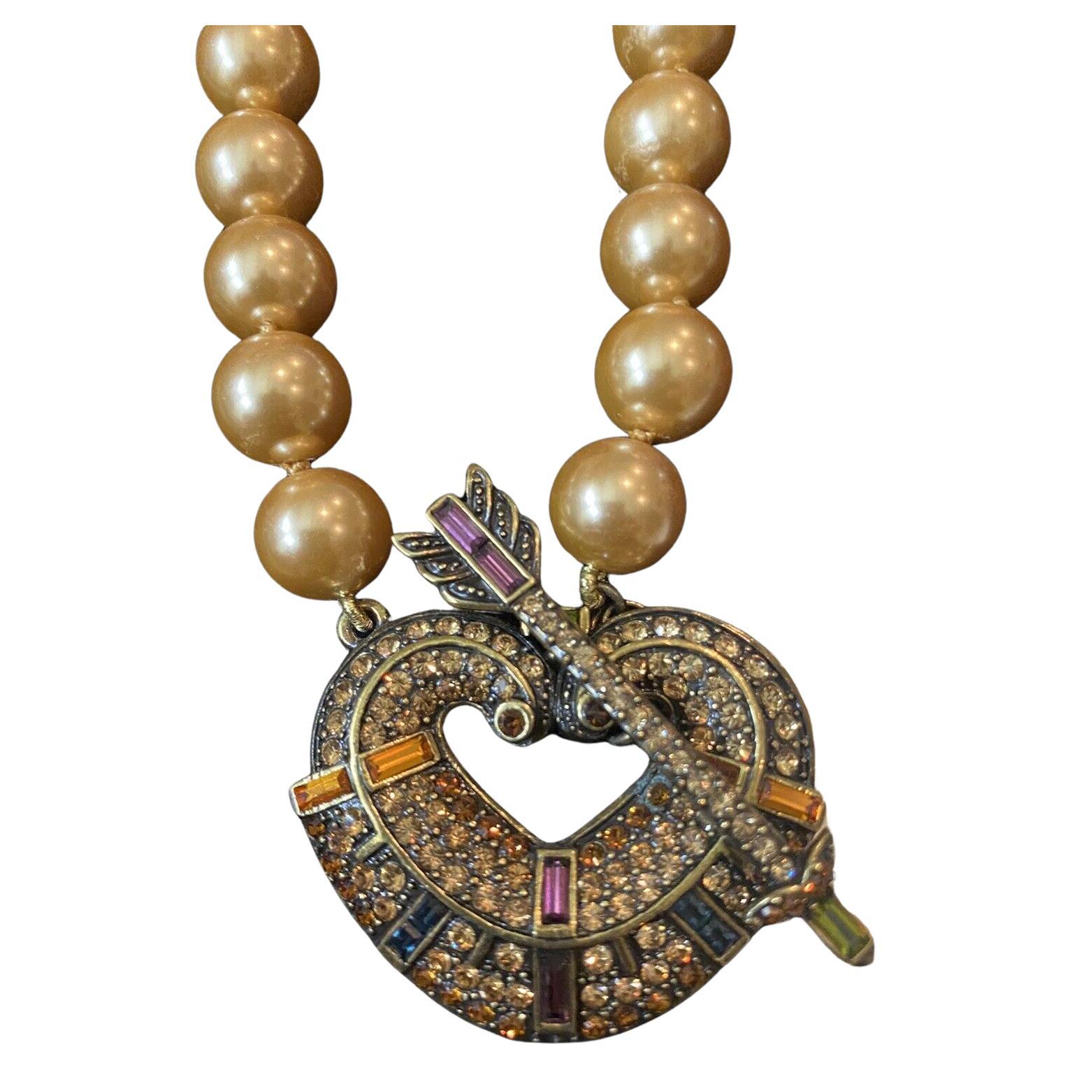 Signed Vintage HEIDI DAUS Designer Crystal Love Heart Drop Pearl Necklace For Sale