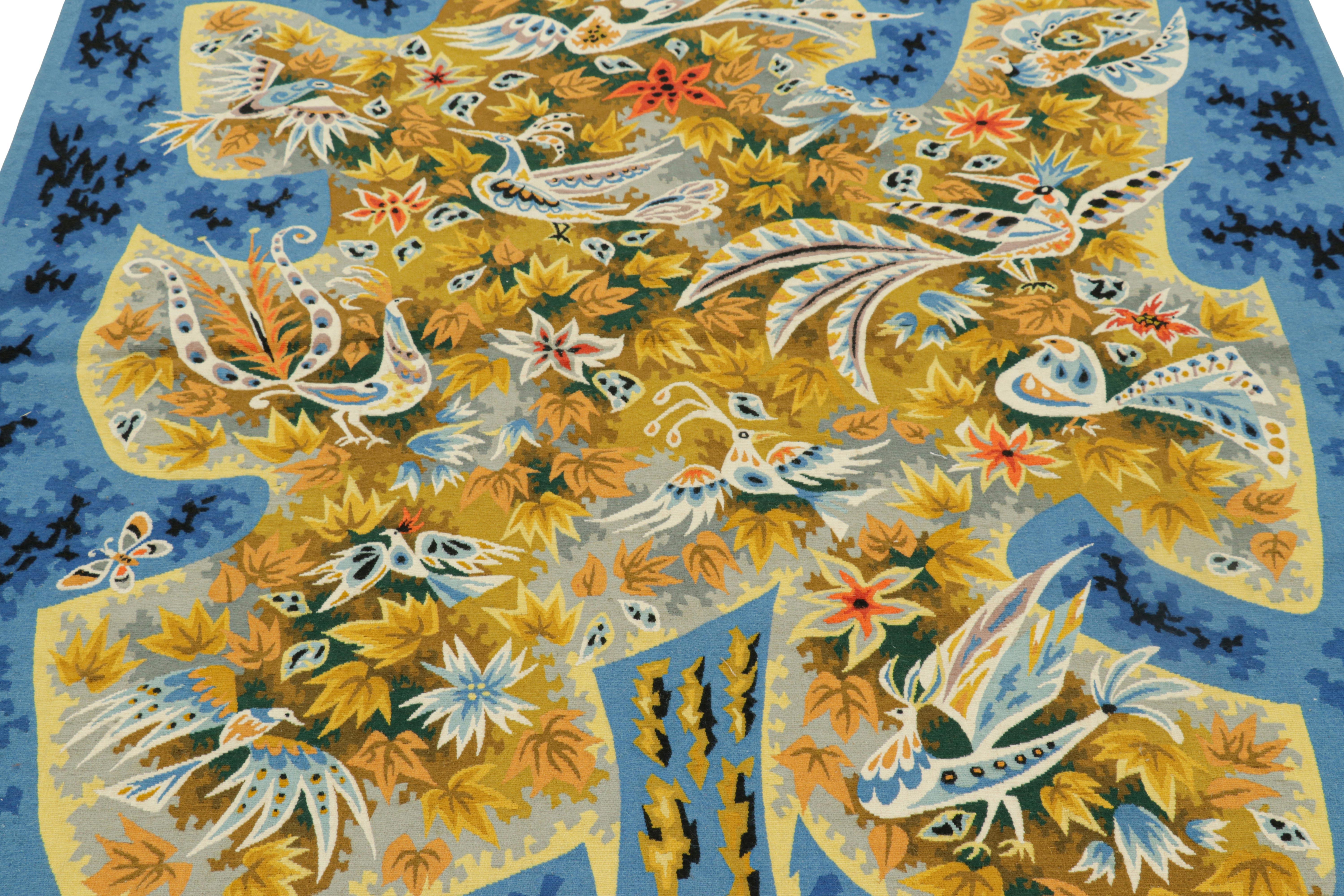 This 5x6 vintage tapestry is a signed collectible from the mid-century Aubusson works of French artist Jacques Potin. Handwoven in wool and hailing from France circa 1940-1950, it’s both a rare collectible and one of an exciting new curation of