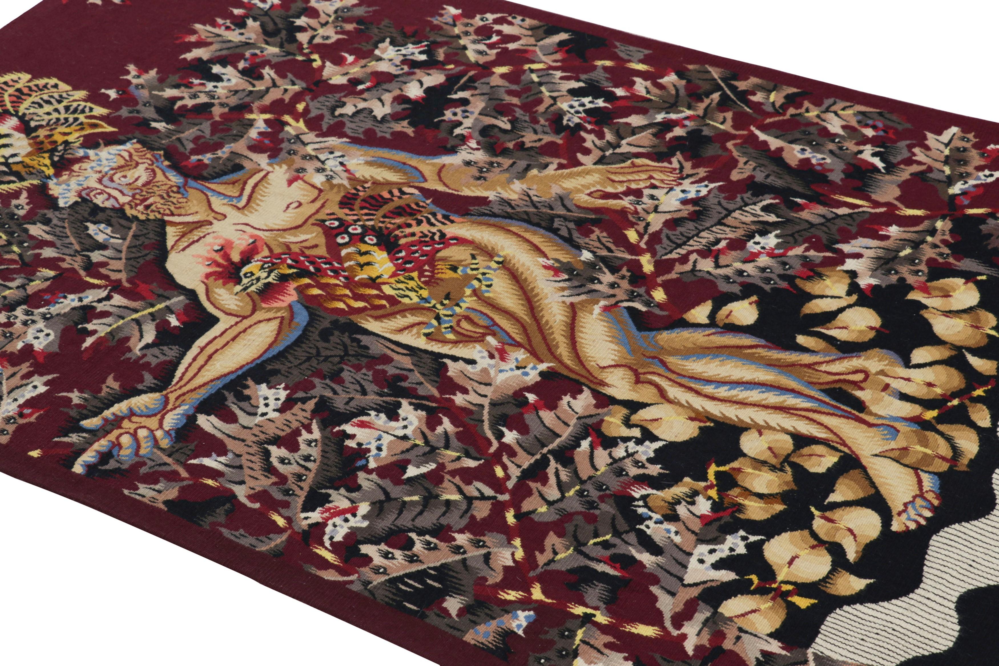 Handwoven in wool and originating from France circa 1950-1960, this 4×6 vintage tapestry is a signed collectible from the mid-century Aubusson works of French weaver Jean Lurcat. 

On the design: 

“L’Homme” translates to “The Man” from French and
