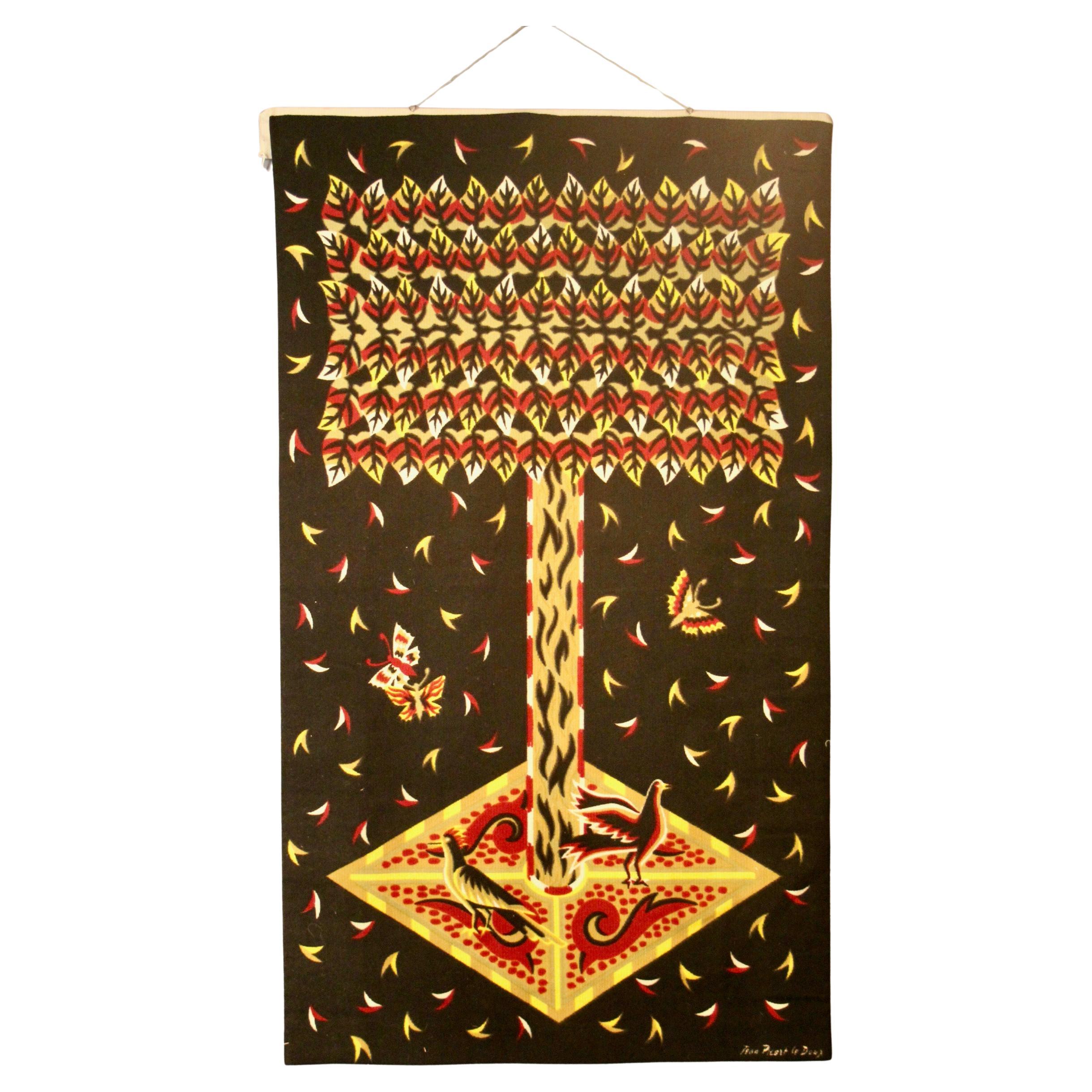 Signierte Vintage Jean Picart Le Doux Wandteppich mit Baum Bildnis im Angebot