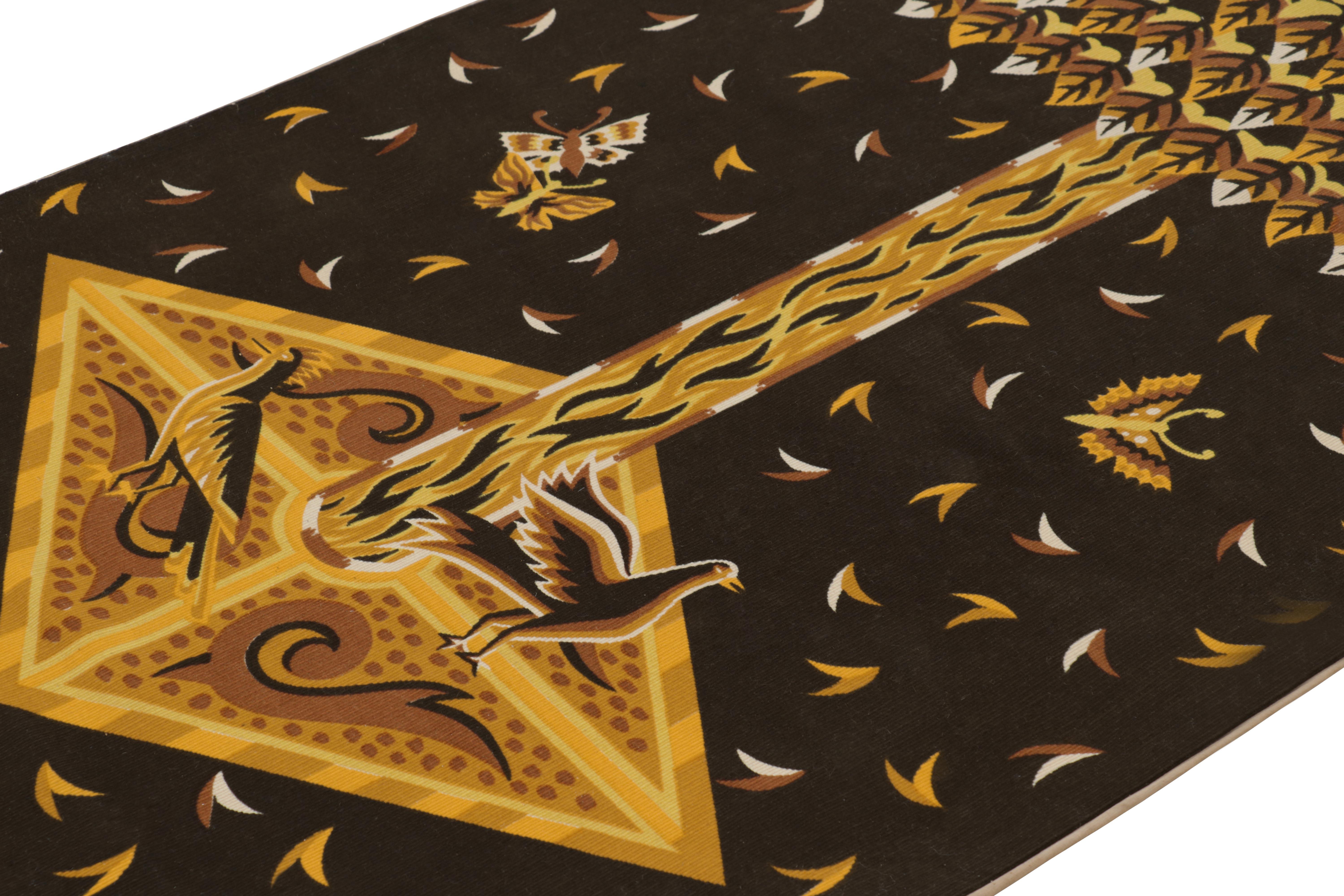Hand-woven in wool and originating in France circa 1970-1980, this 3x5 vintage tapestry is both rare and extremely collectible as one of Jean Picart Le Doux’s signature pieces and as a full-pile piece found in its original great condition today.