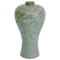 Signed Vintage Korean Celadon Vase with Flying Cranes