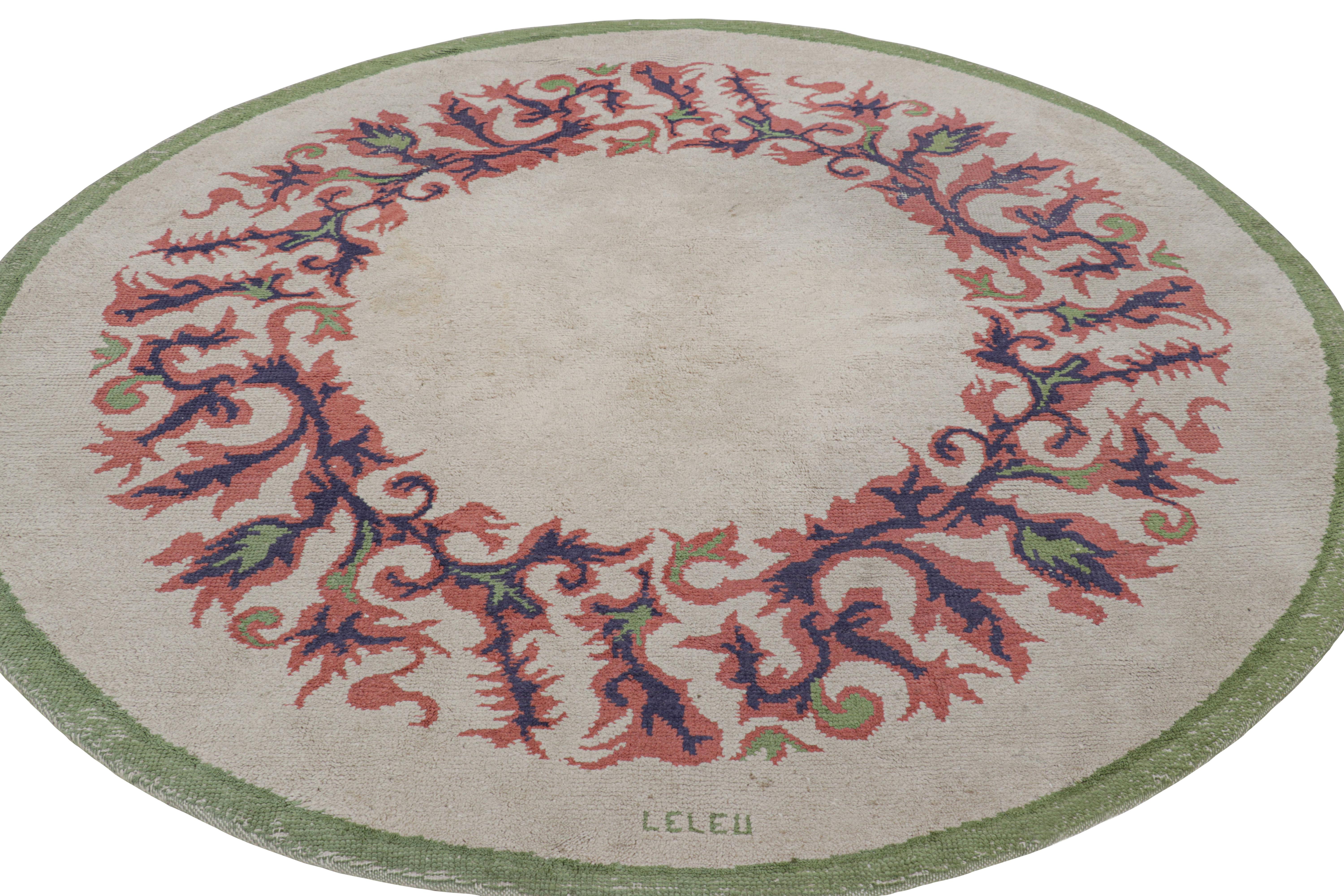 Signed Vintage Leleu French Art Deco Circle Rug in White and Blue - Rug & Kilim In Good Condition For Sale In Long Island City, NY