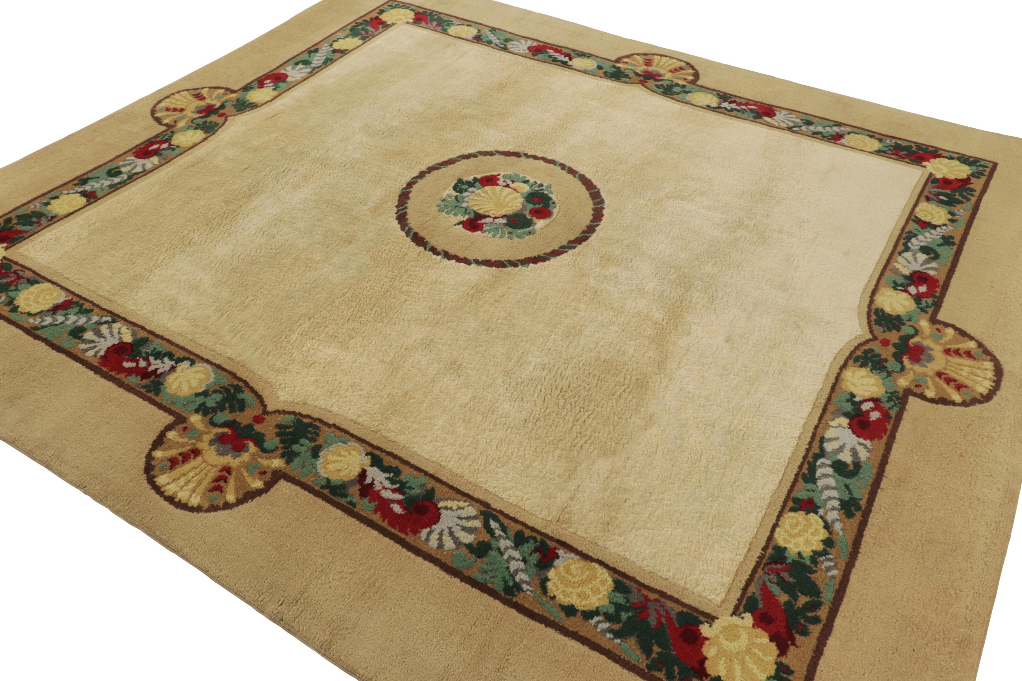 Signierte Vintage Leleu Französisch Art Deco Teppich in Beige mit Blumen - Rug & Kilim (Mitte des 20. Jahrhunderts) im Angebot