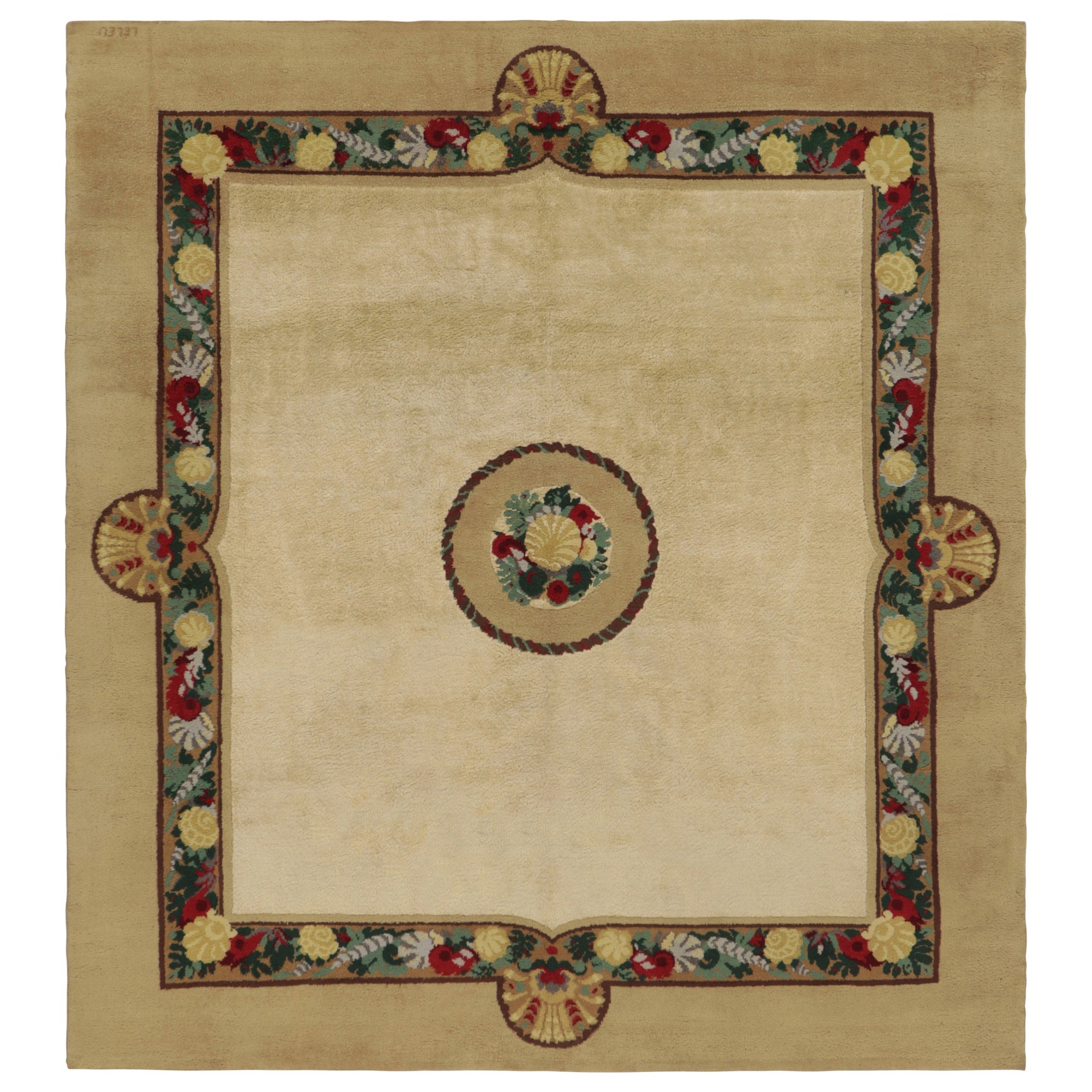 Signierte Vintage Leleu Französisch Art Deco Teppich in Beige mit Blumen - Rug & Kilim im Angebot