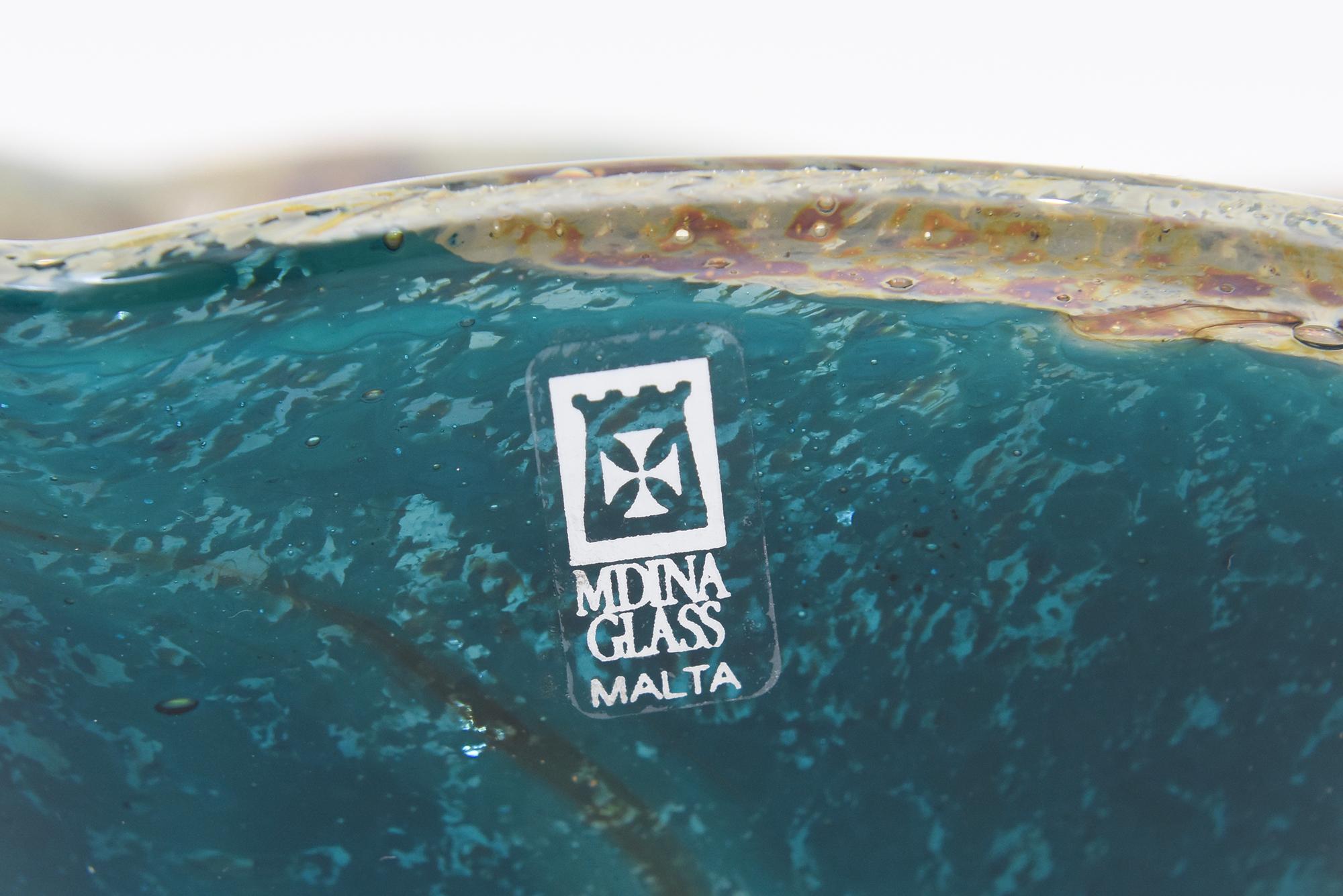 Ciotola firmata d'epoca Mdina Baltic Topographical Glass Rare Bowl Turchese, Tan, Marrone in vendita 5