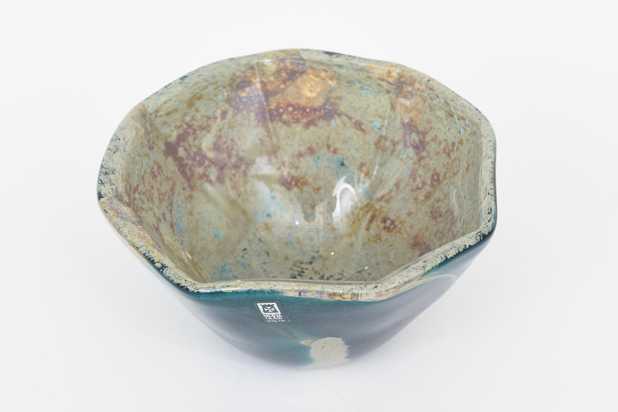 Ciotola firmata d'epoca Mdina Baltic Topographical Glass Rare Bowl Turchese, Tan, Marrone In condizioni buone in vendita a North Miami, FL