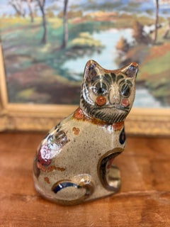 Signed Vintage Mud Century Modern Mexican Folk Art Pottery Cat Hand painted.
