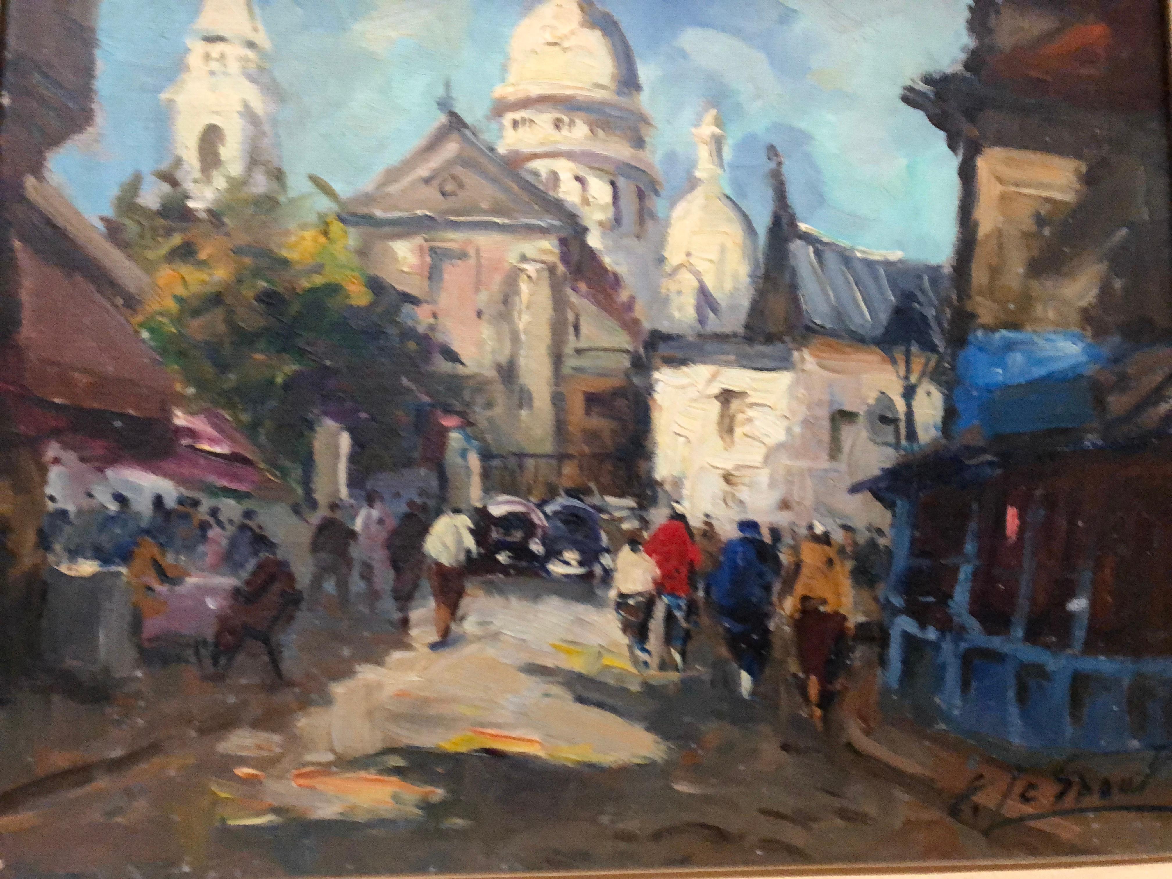 This beautiful and colorful impressionist painting is of a French street scene. Judging by the frame I would suspect it is from the 1950s. Can't quite make out the signature it looks like E. Le Gaut.