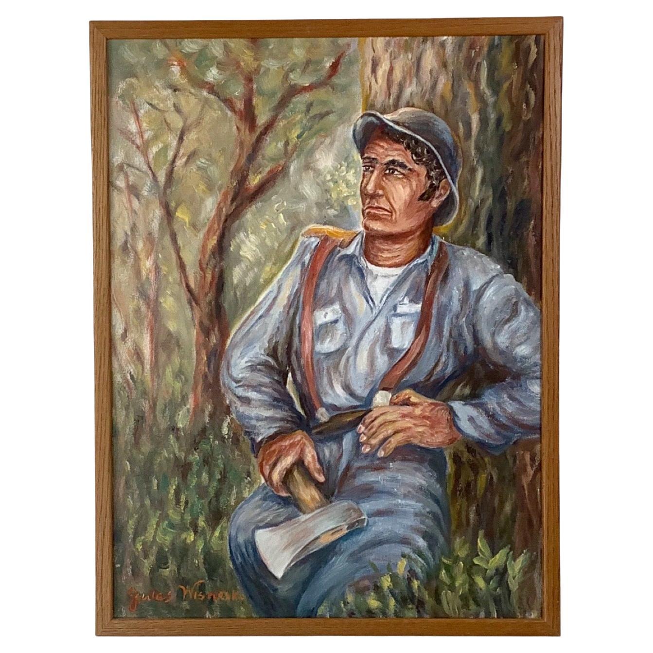 Signiertes Vintage Ölgemälde eines Waldarbeiters - Jules Wisneski im Angebot