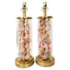 Signed Vintage Pair Lamps by Ralph Lauren With Pink Murex Shells Seashells Added