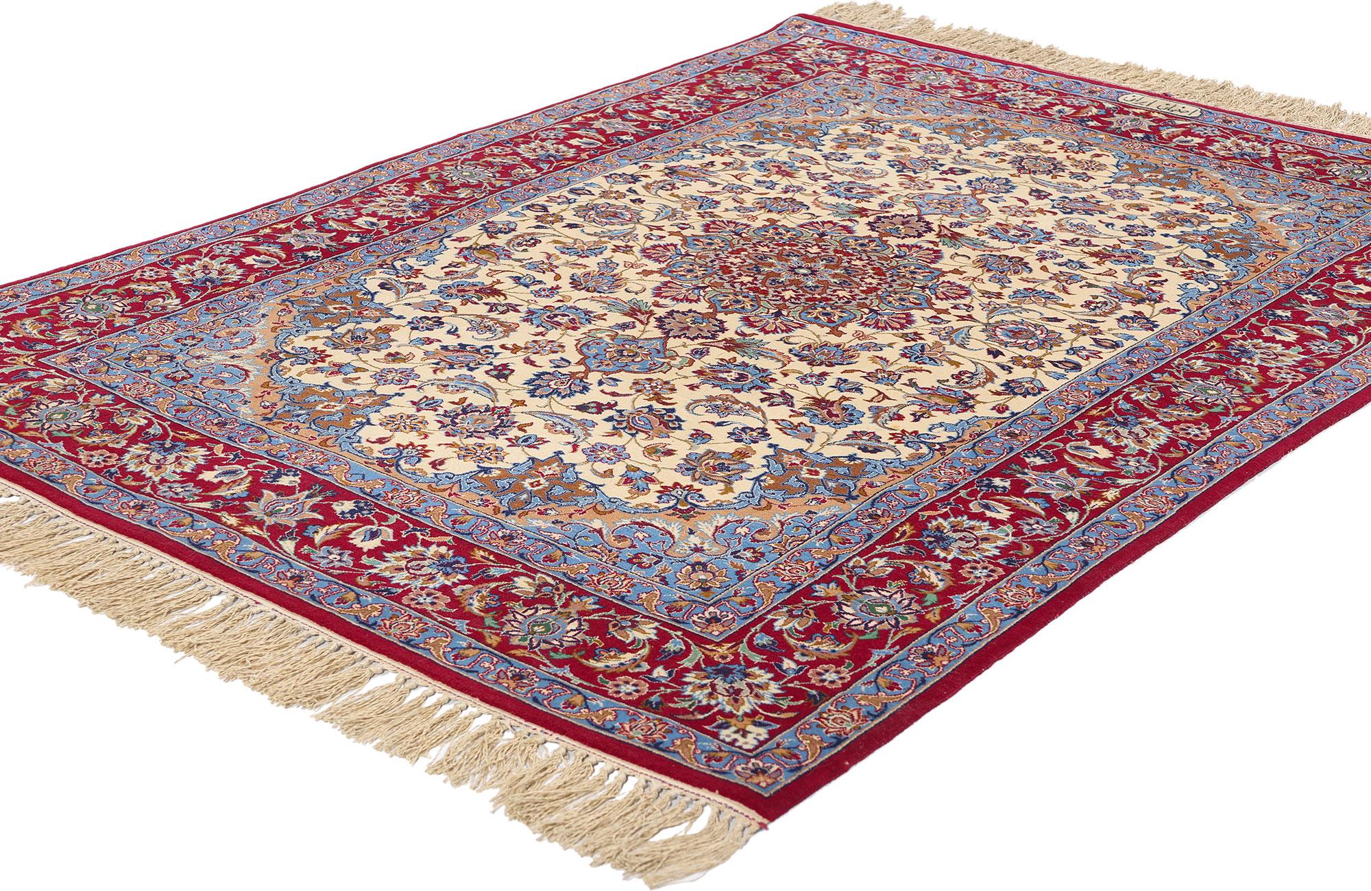 78924 Signed Vintage Persian Isfahan Rug, 03'08 x 05'02. Woven with extraordinary precision and reverence for tradition, this hand-knotted wool Persian Isfahan rug is not merely a furnishing—it is a celebration of imperial craftsmanship and cultural
