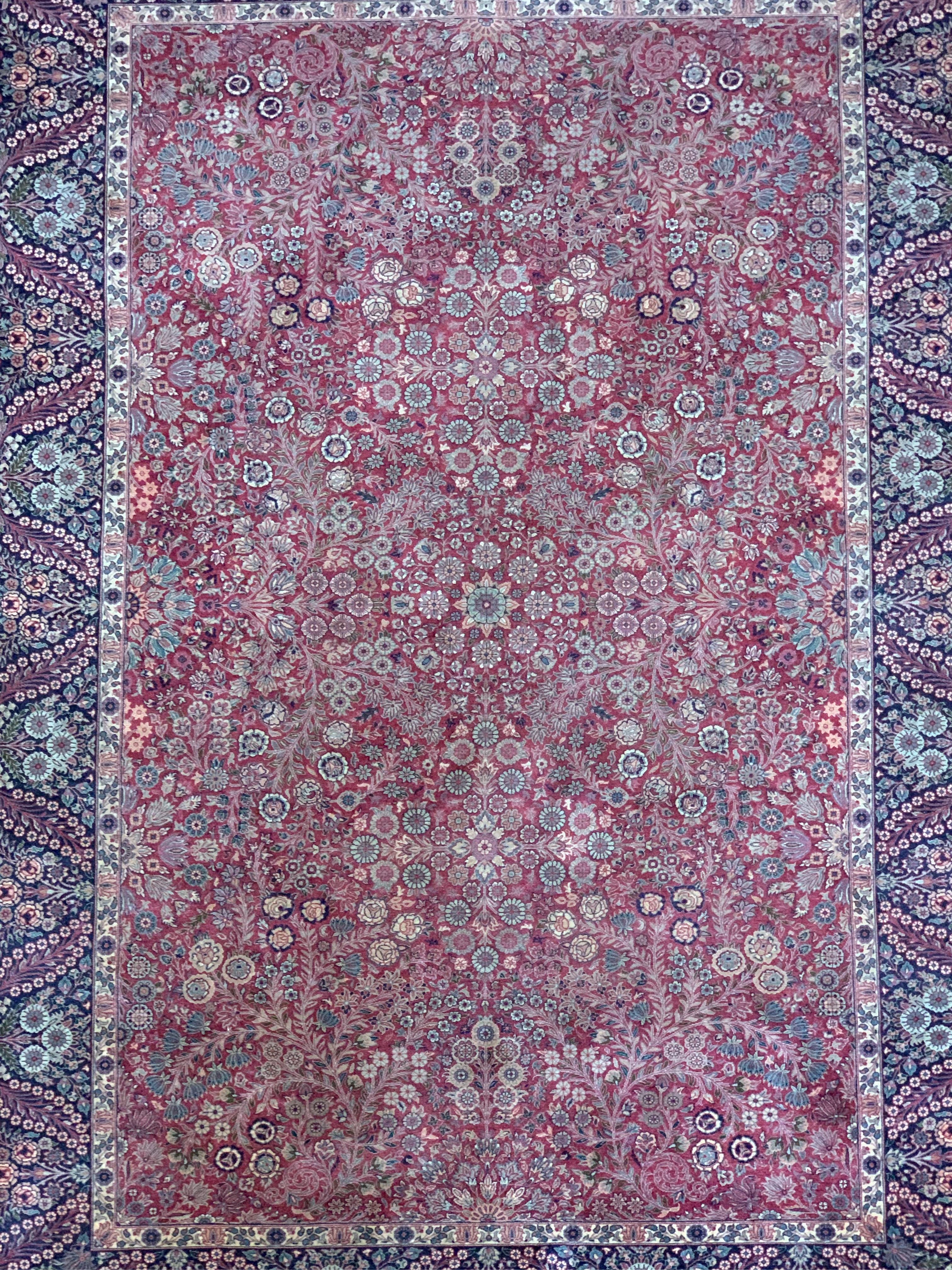 This is a vintage hand-knotted Persian Kashan rug, woven in Kashan, Iran circa 1980s. Mohtasham is the design style. The rug is signed, and is wool knot on cotton warp and weft, and is approximately 4’7 x 7’4 ft, with an extremely Fine weave,