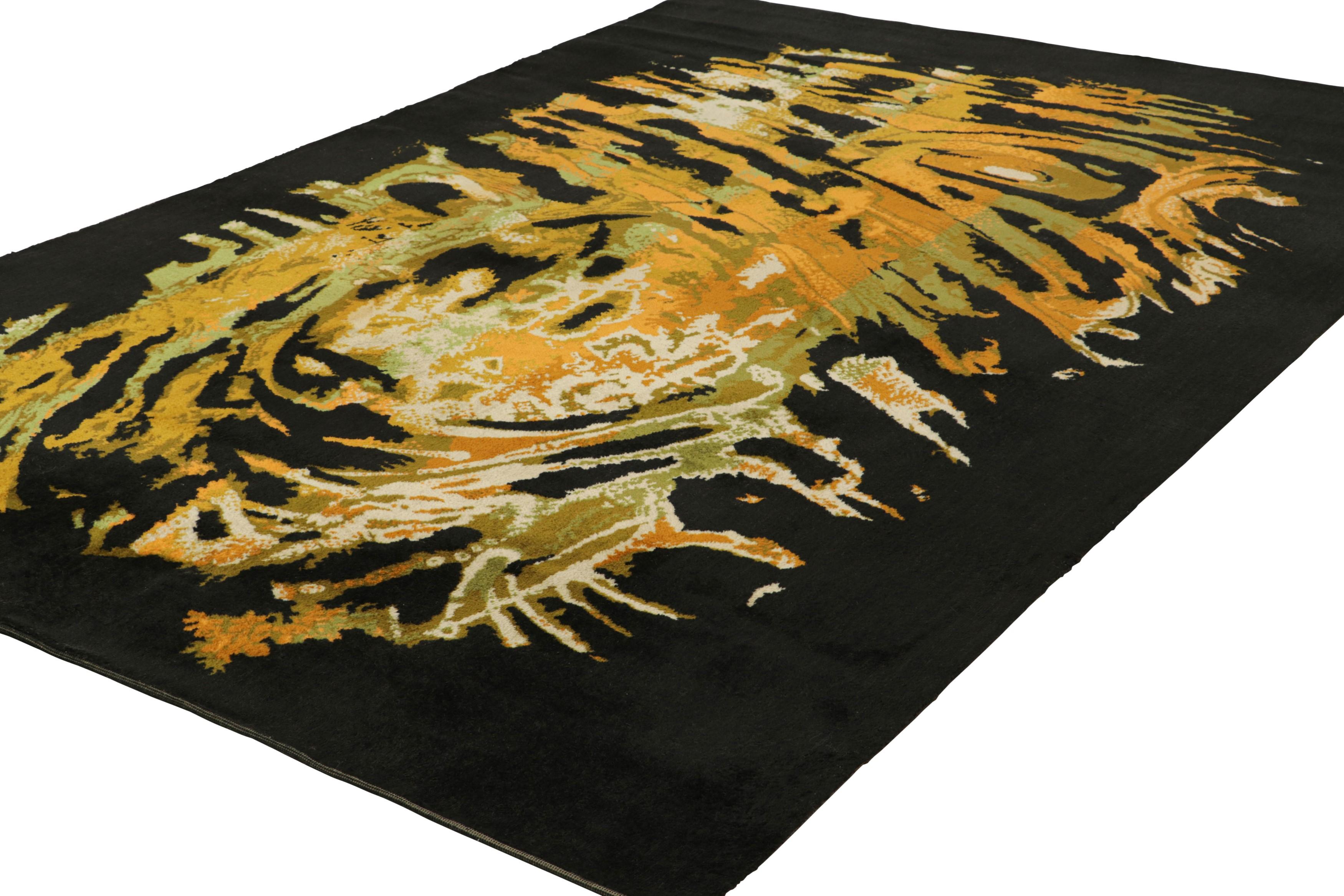 Hand-Knotted Signed Vintage Rene Fumeron Art Deco Tapestry in Black and Gold  Rug & Kilim For Sale