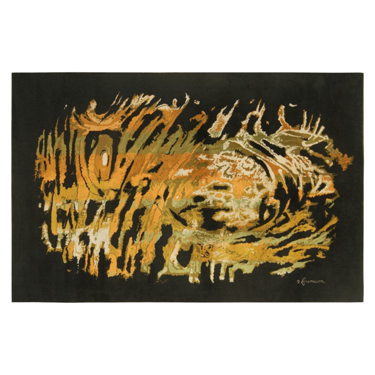 Signed Vintage René Fumeron Art Deco Tapestry in Black and Gold