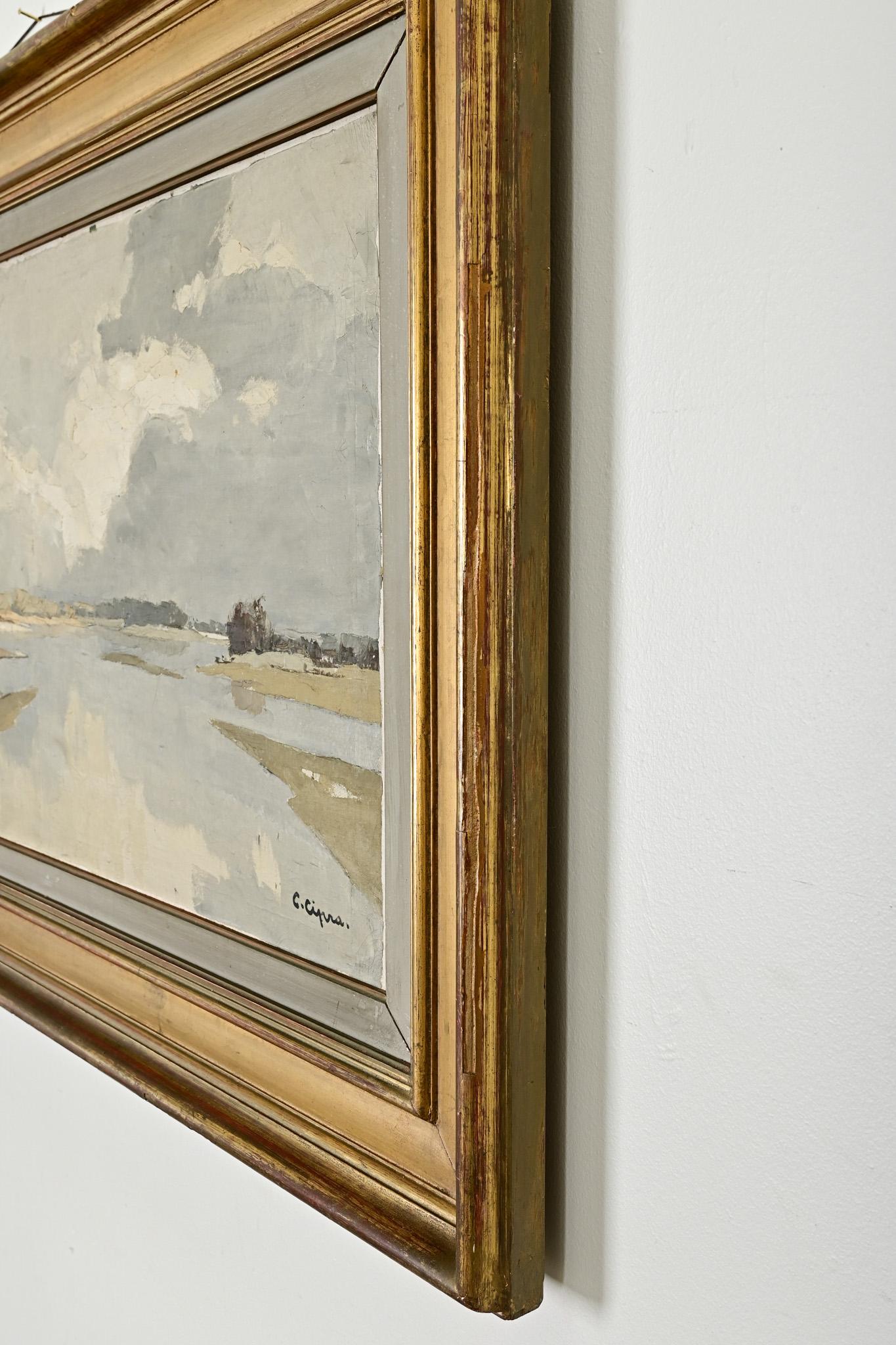 Pintura vintage firmada de un paisaje costero 2