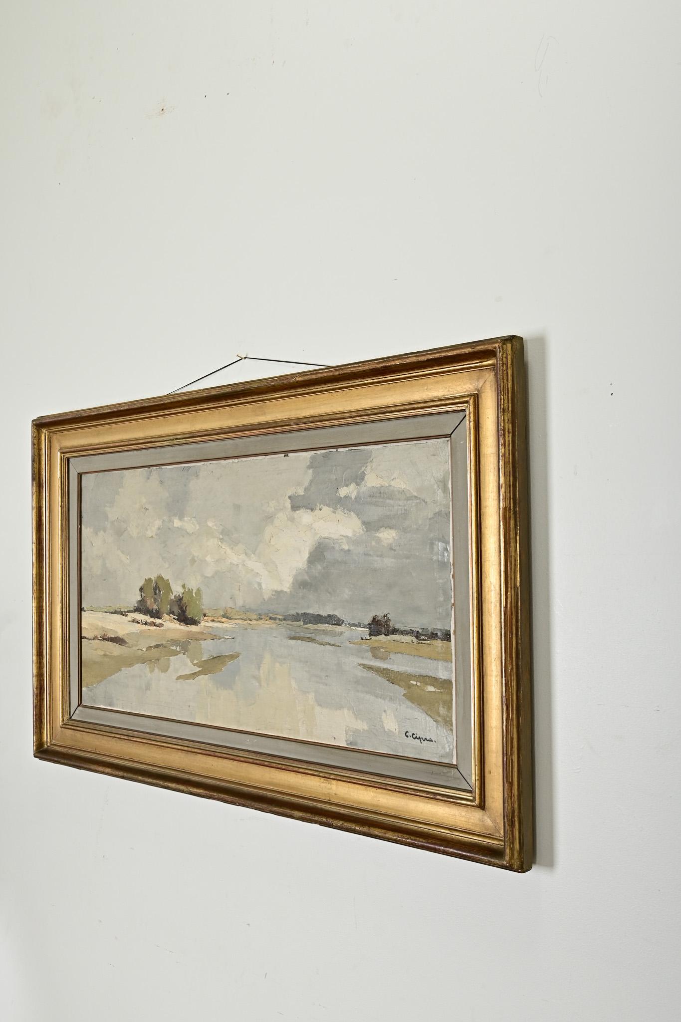 Pintura vintage firmada de un paisaje costero 3