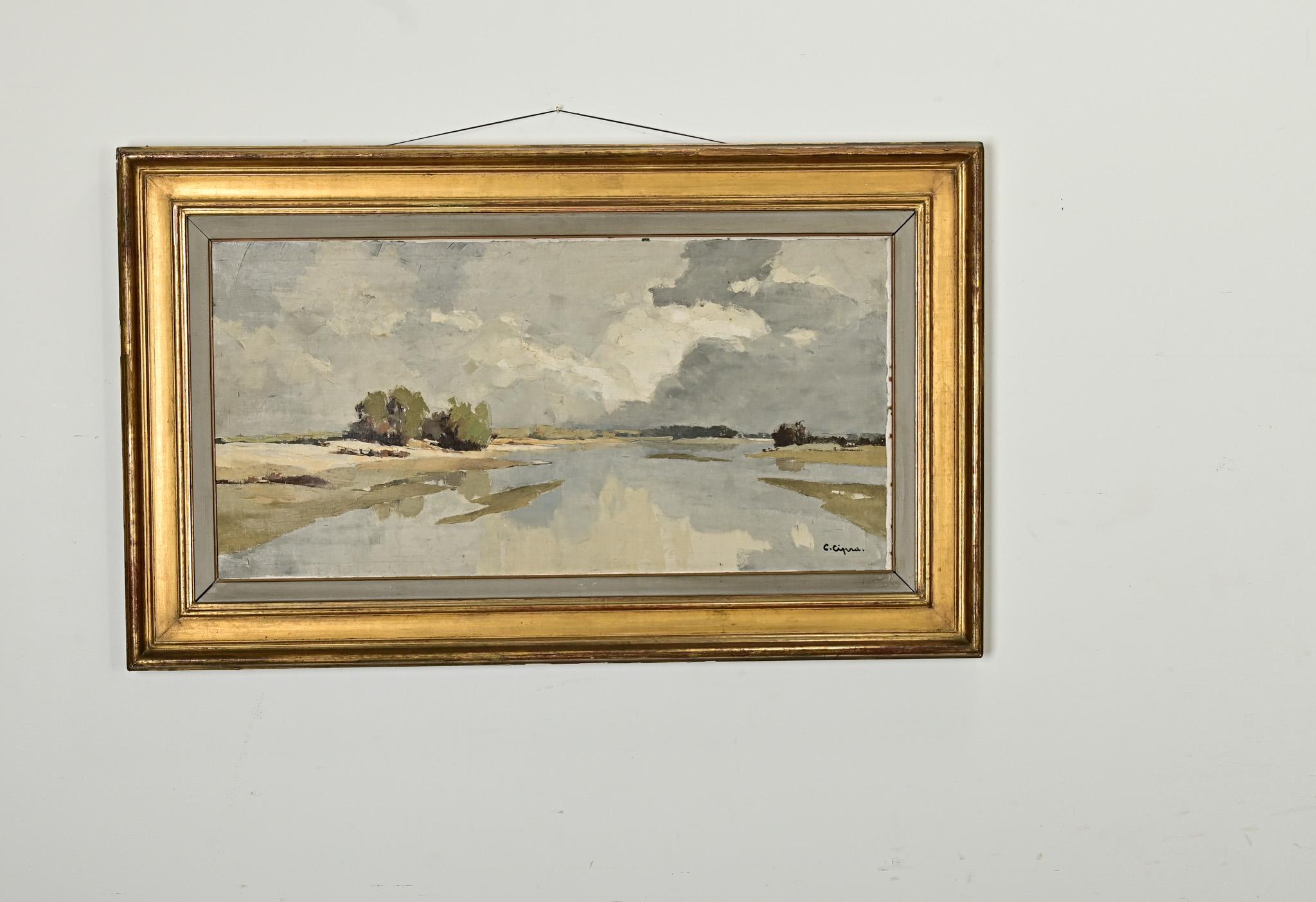 Pintura vintage firmada de un paisaje costero Otro