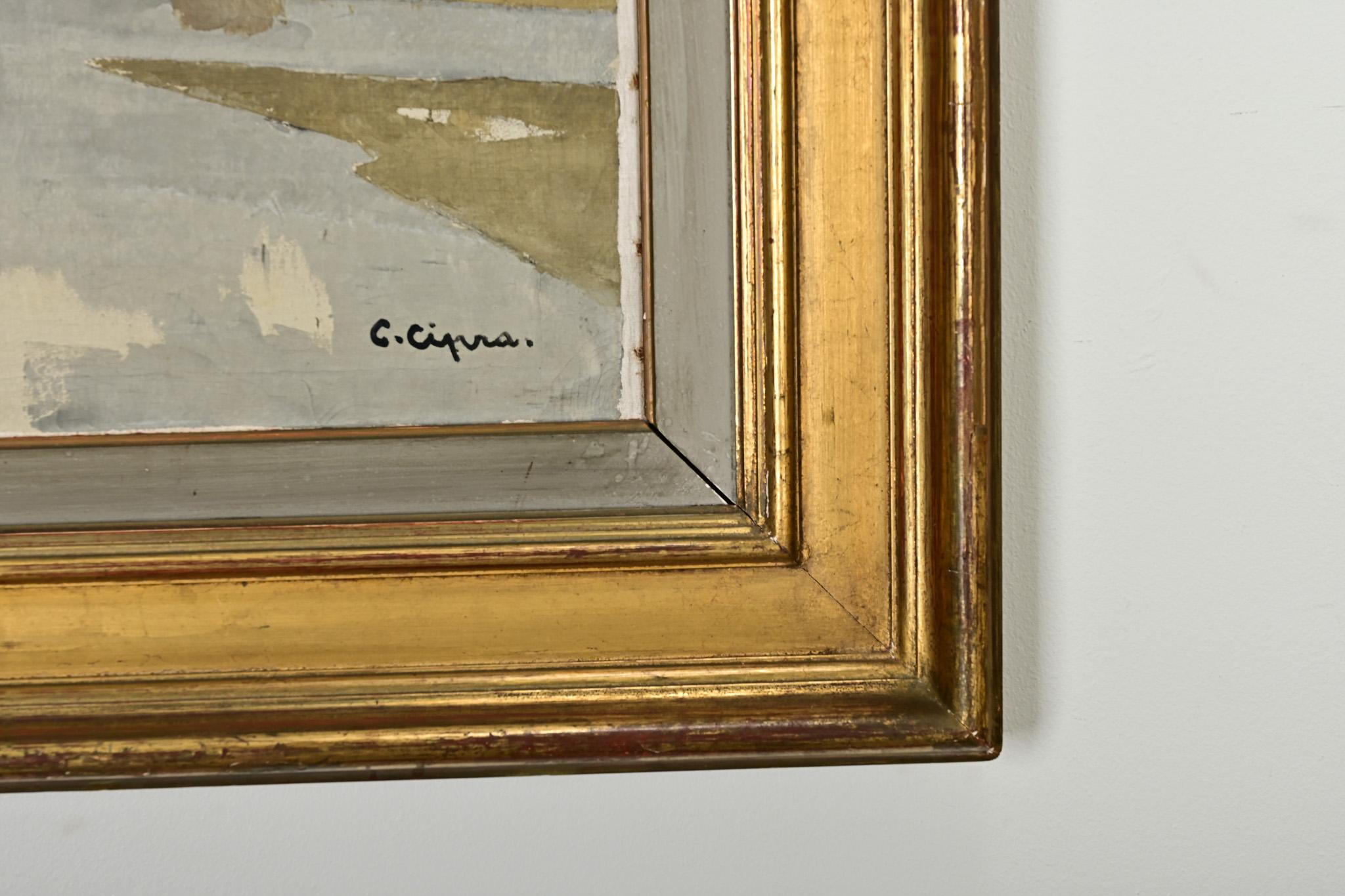 Pintura vintage firmada de un paisaje costero Francés