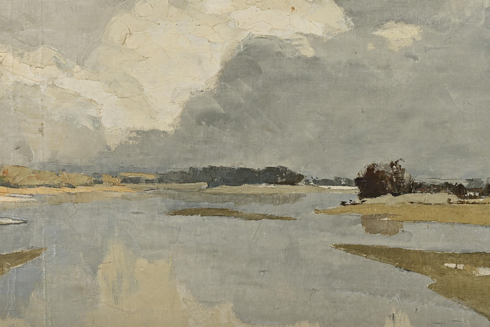 Pintura vintage firmada de un paisaje costero 1