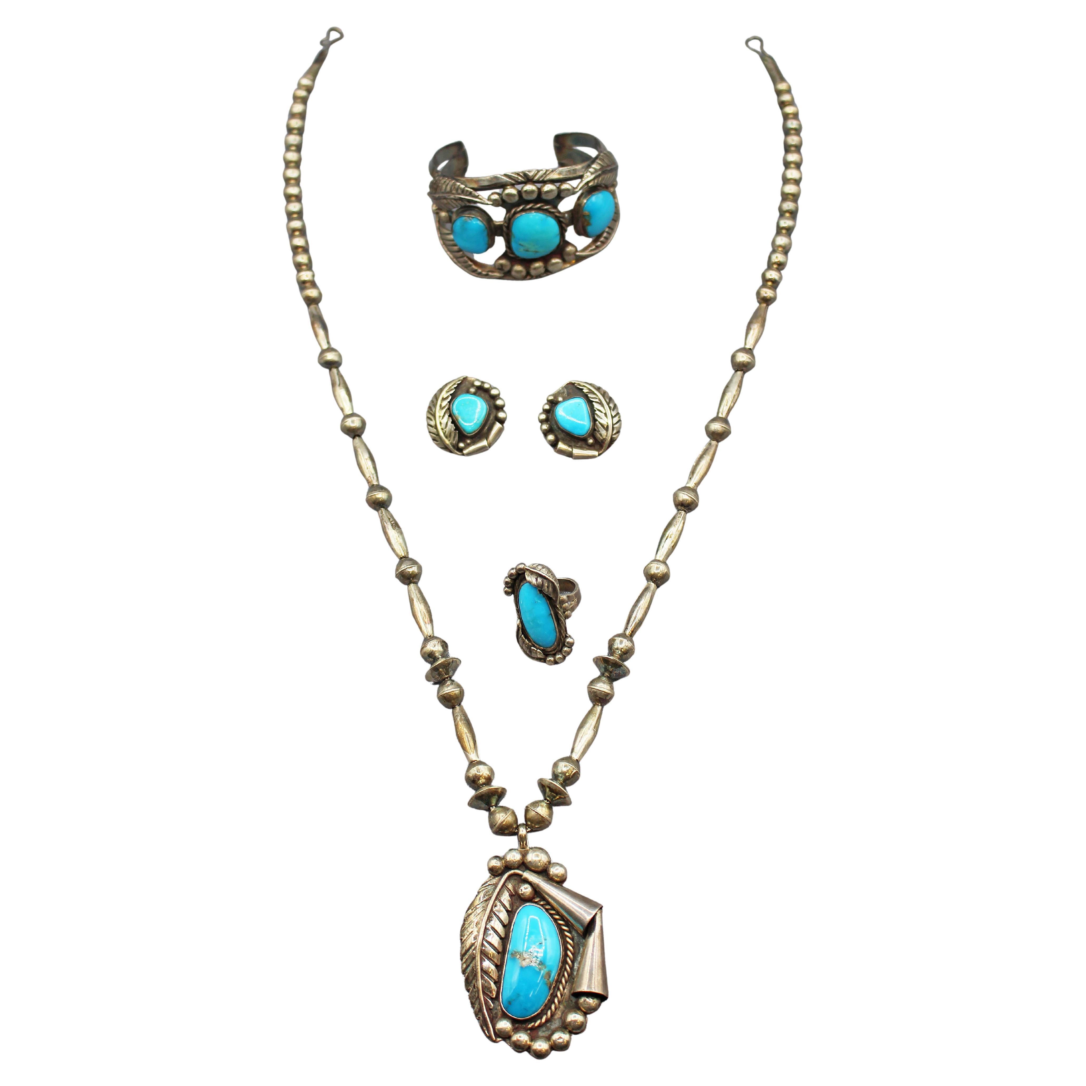 Signed Vintage Set of Zuni Turquoise and Sterling Jewelry For Sale