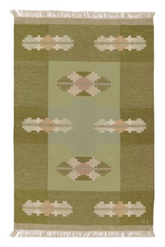 Signed Vintage Swedish Kilim by Ingegerd Silow in Green & Beige - Rug & Kilim