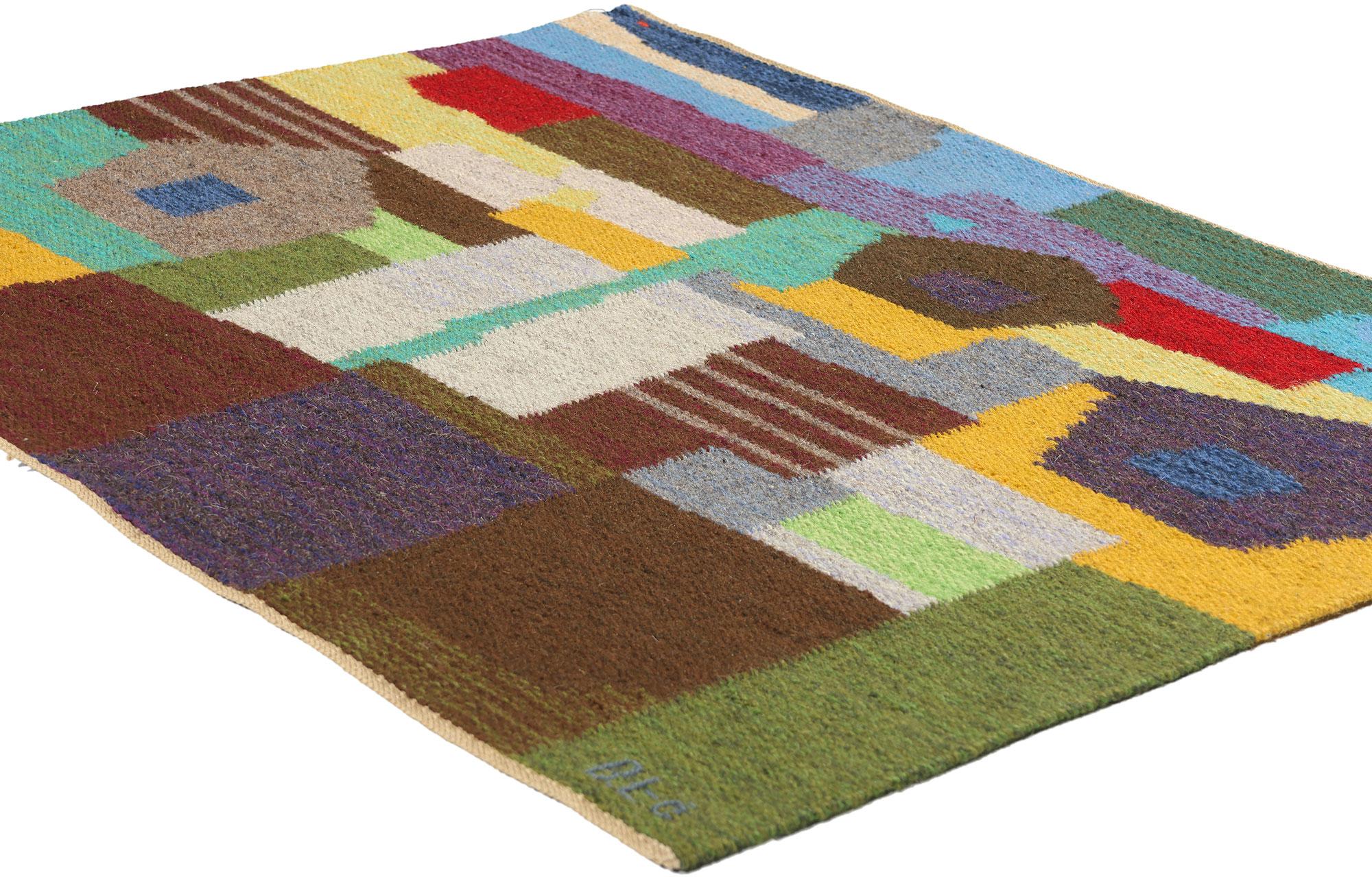 78826 Signed Vintage Swedish Pictorial Rollakan Rug, 03'10 x 03'01. This vintage Swedish rollakan rug is a beautiful example of traditional flat-weave craftsmanship, featuring the intricate and durable design characteristic of rollakans. The rug
