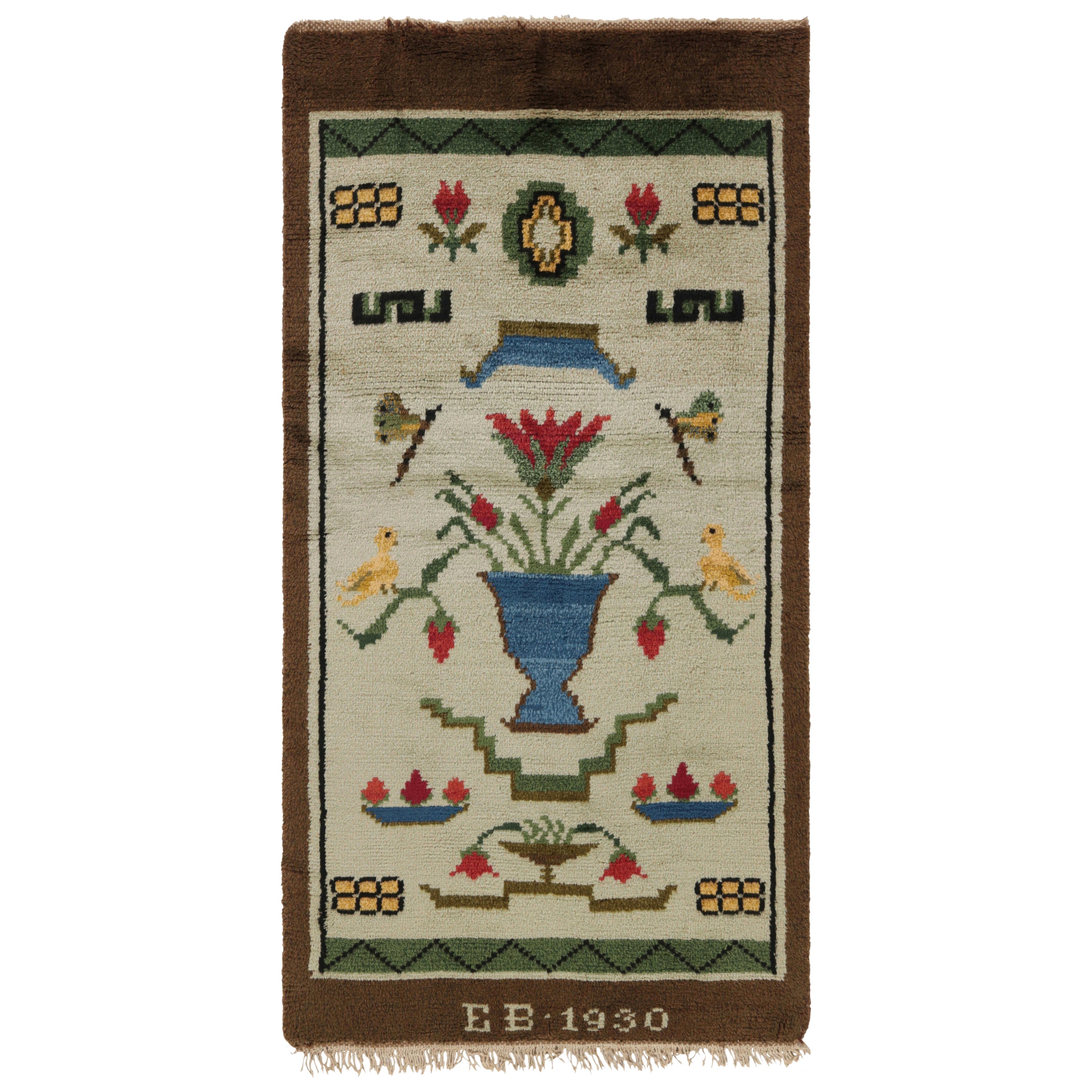 Tapis suédois vintage signé Rya, art populaire scandinave pictural - Rug & Kilim