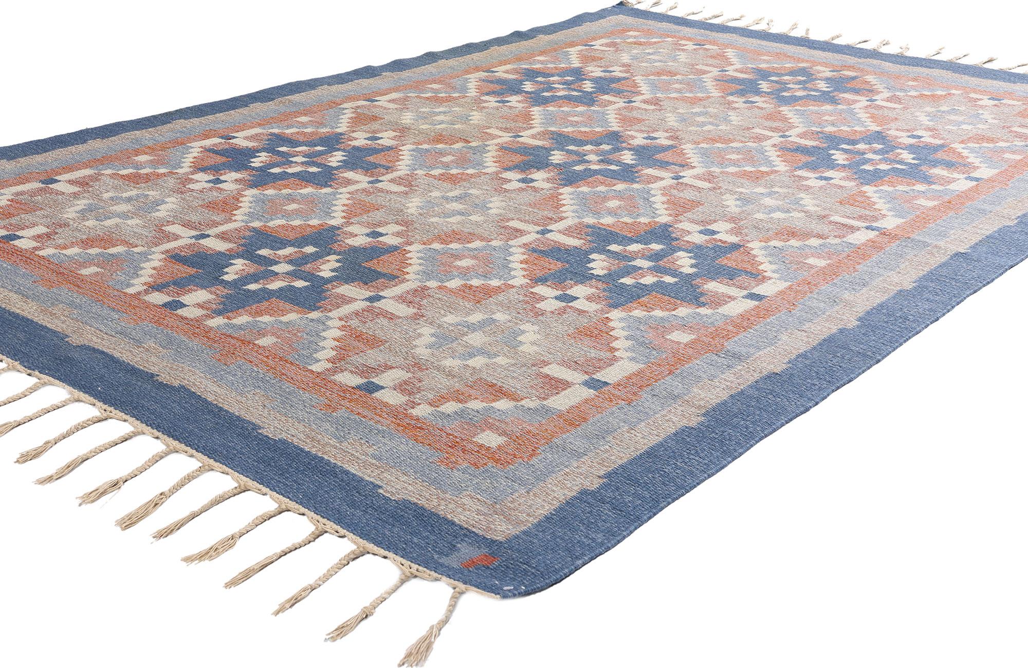 79061 Erik Lundberg Vintage Swedish Rollakan Rug, 05'05 x 08'03. Woven with reverence for heritage and steeped in Nordic elegance, this handwoven wool vintage Swedish rollakan is a rare and precious masterpiece designed by the preeminent textile