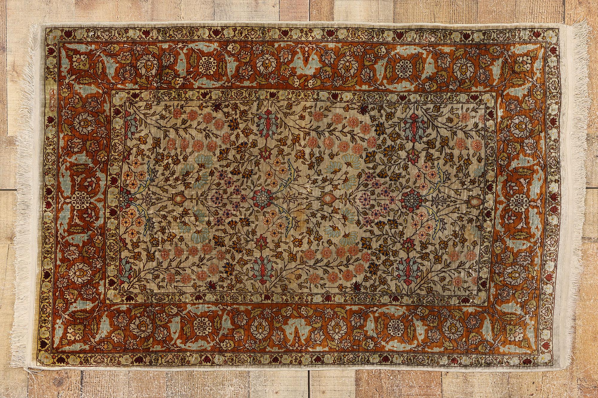 78733 Vintage Turkish Silk Hereke Rug, 02'02 x 03'04. The Hereke rug, born in the Turkish town of Hereke near Istanbul, epitomizes a legacy of exquisite craftsmanship and tradition. These masterpieces, steeped in opulence and skill, are renowned for