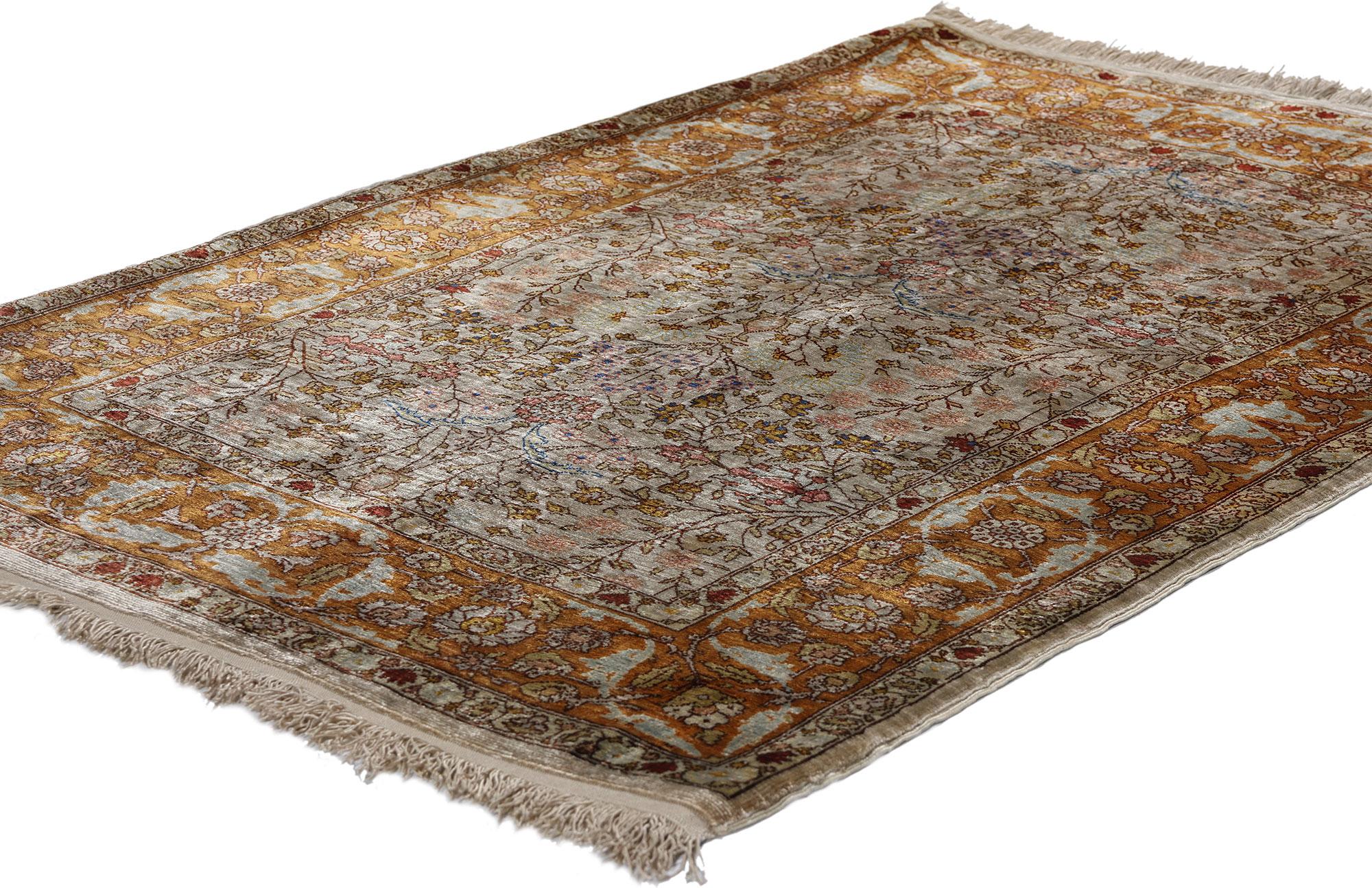 Hand-Knotted Signed Vintage Turkish Silk Hereke Rug, Flower of the Seven Mountains For Sale